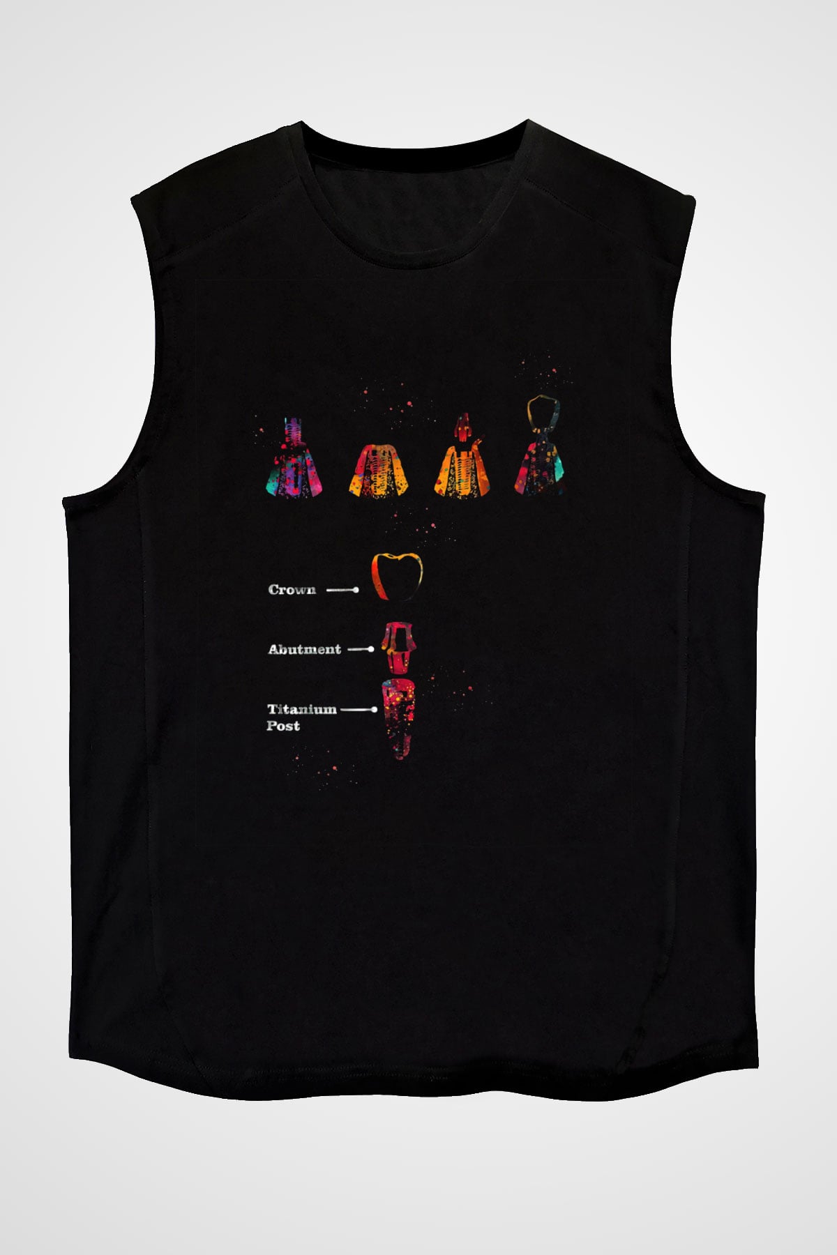 Diş İmplantları Baskılı Unisex Kolsuz Siyah Tişört - Tshirt