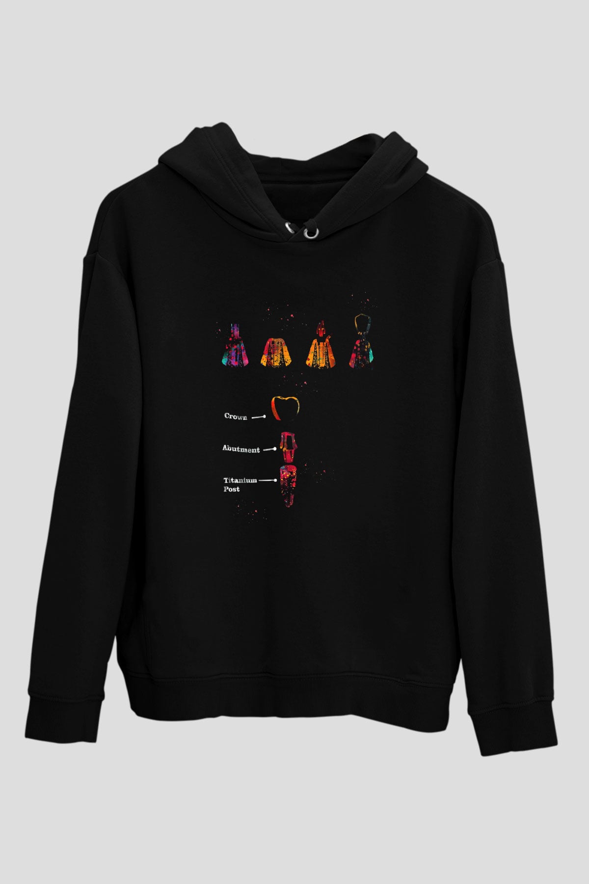 Diş İmplantları Baskılı Unisex Siyah Hoodie