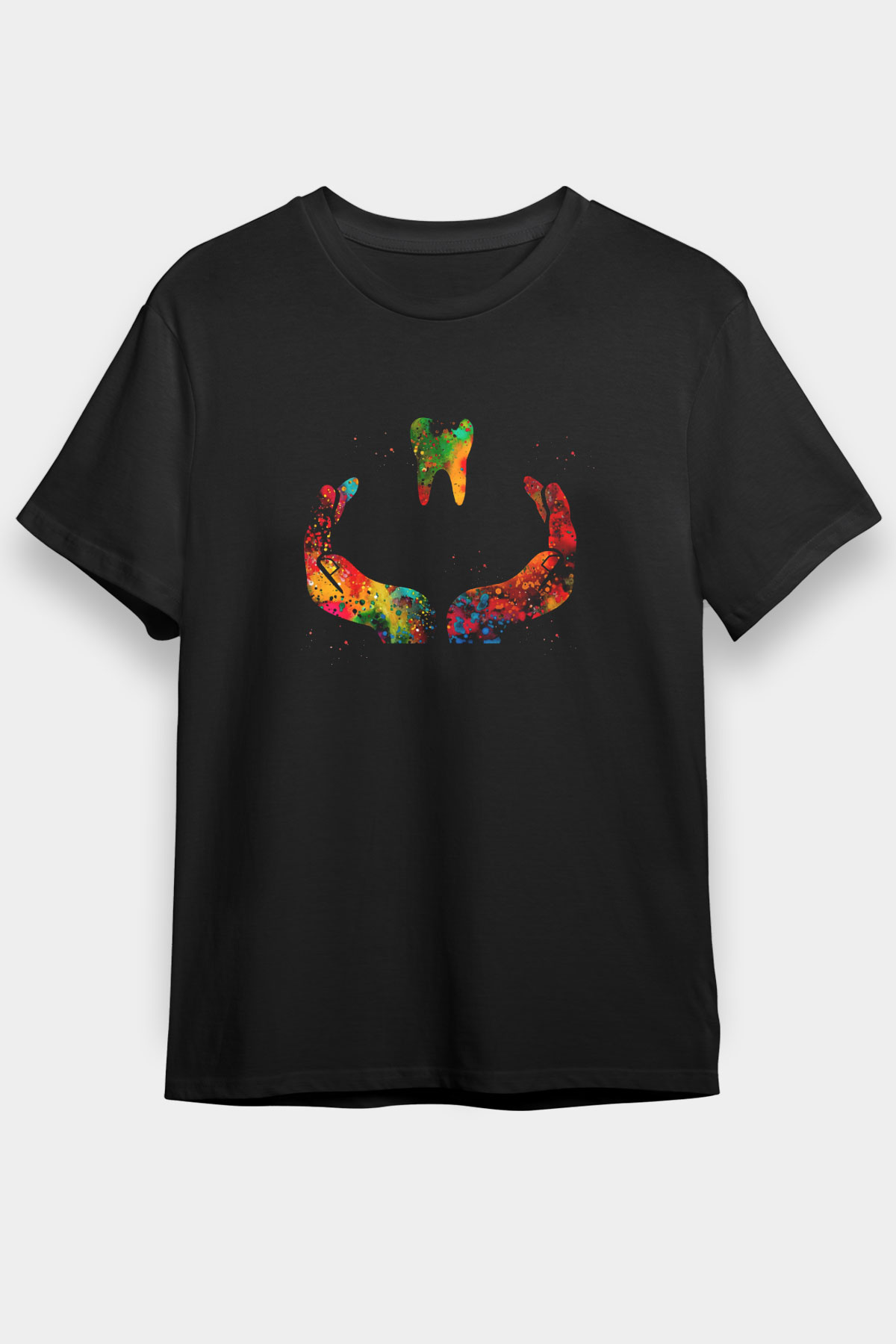 Diş Renkli Baskılı Unisex Siyah Tişört - Tshirt