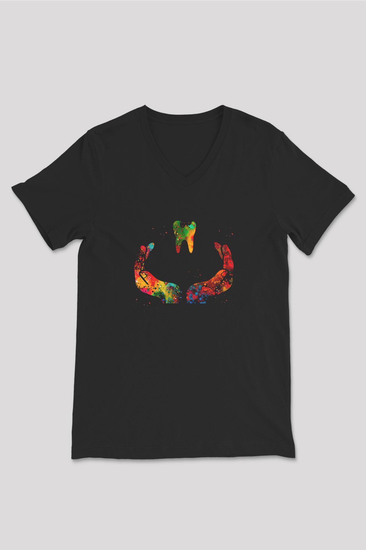 Diş Renkli Baskılı Unisex V Yaka Siyah Tİşört - Tshirt