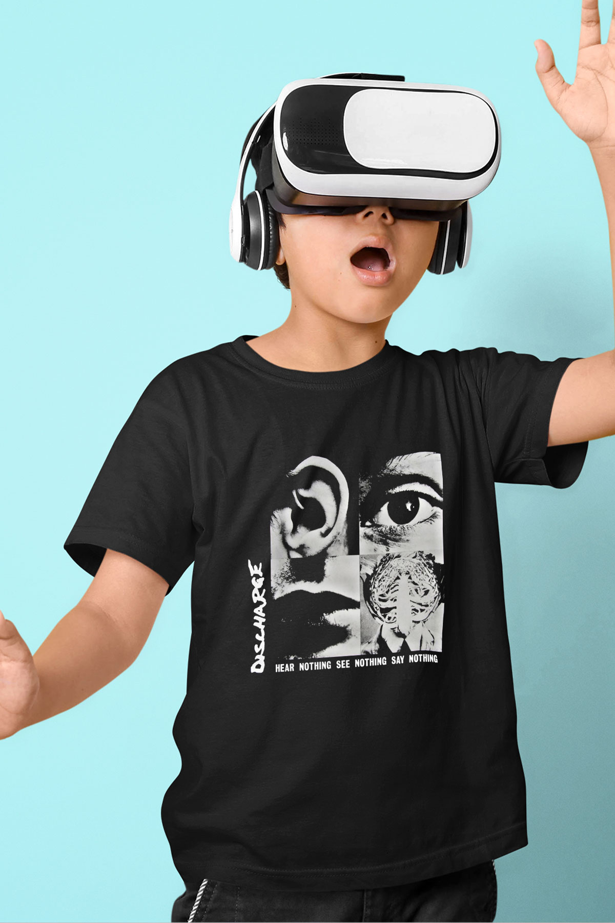 Discharge Baskılı Unisex Siyah Çocuk Tişört