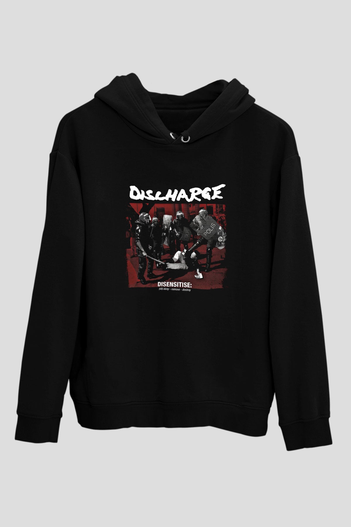 Discharge Baskılı Unisex Siyah Hoodie