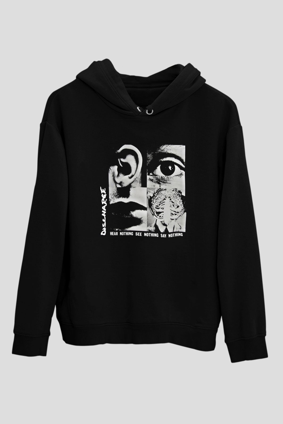 Discharge Baskılı Unisex Siyah Hoodie