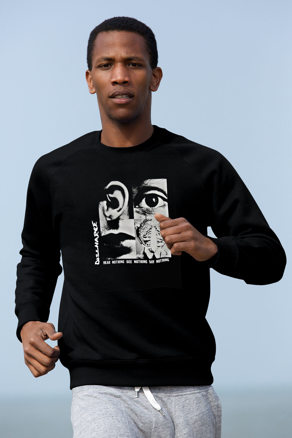 Discharge Baskılı Unisex Siyah Sweatshirt