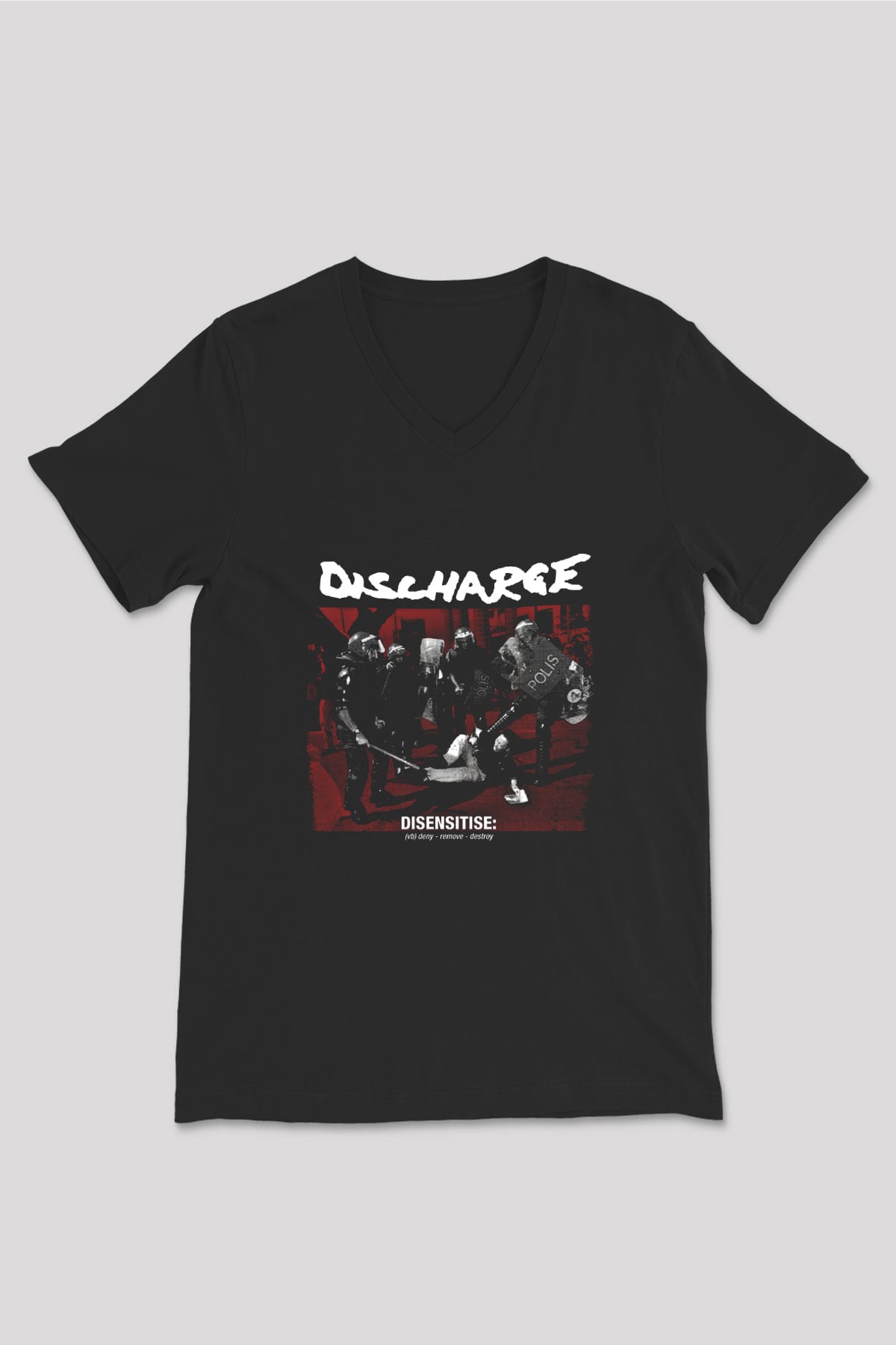 Discharge Baskılı Unisex Siyah V Yaka Tişört