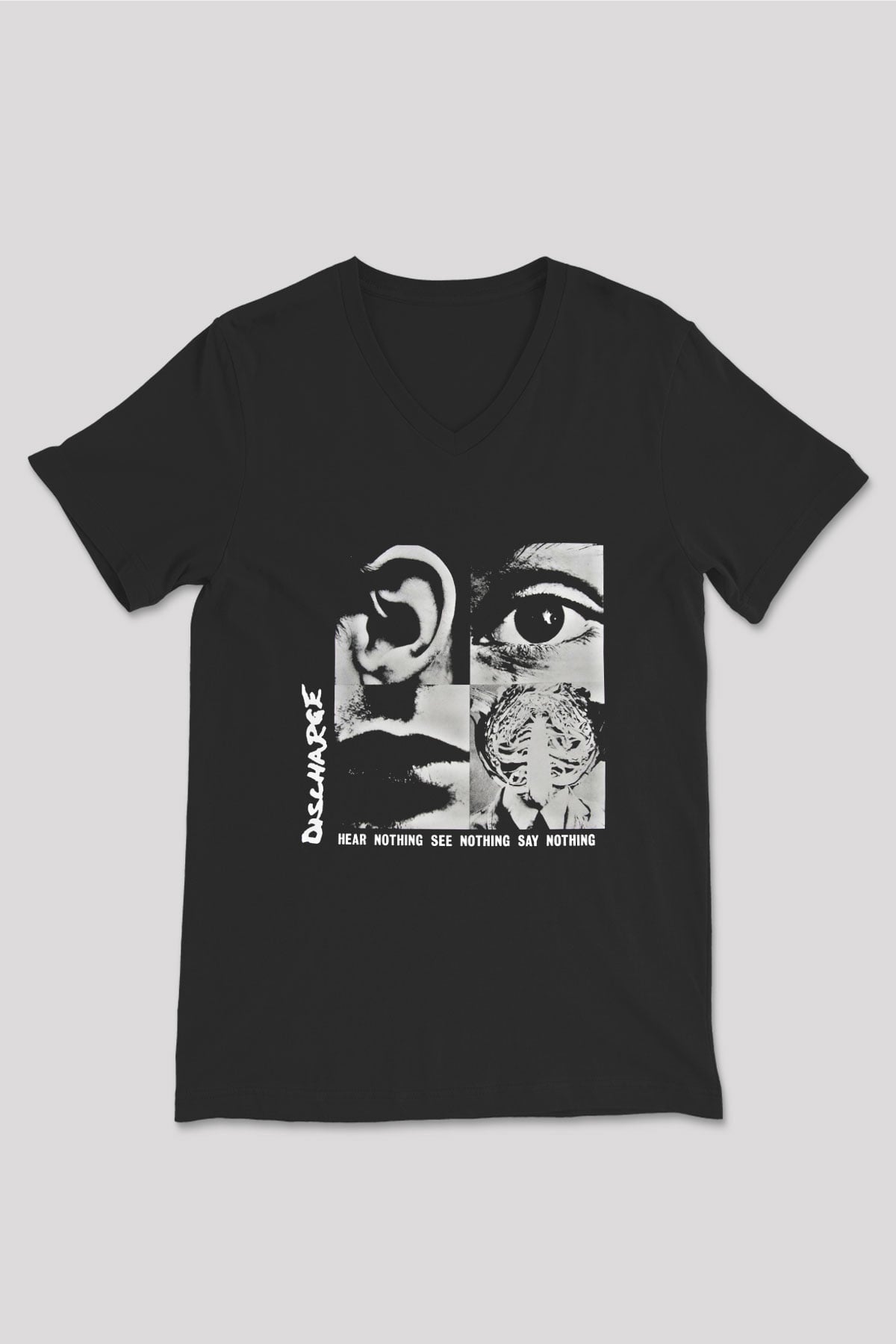 Discharge Baskılı Unisex Siyah V Yaka Tişört