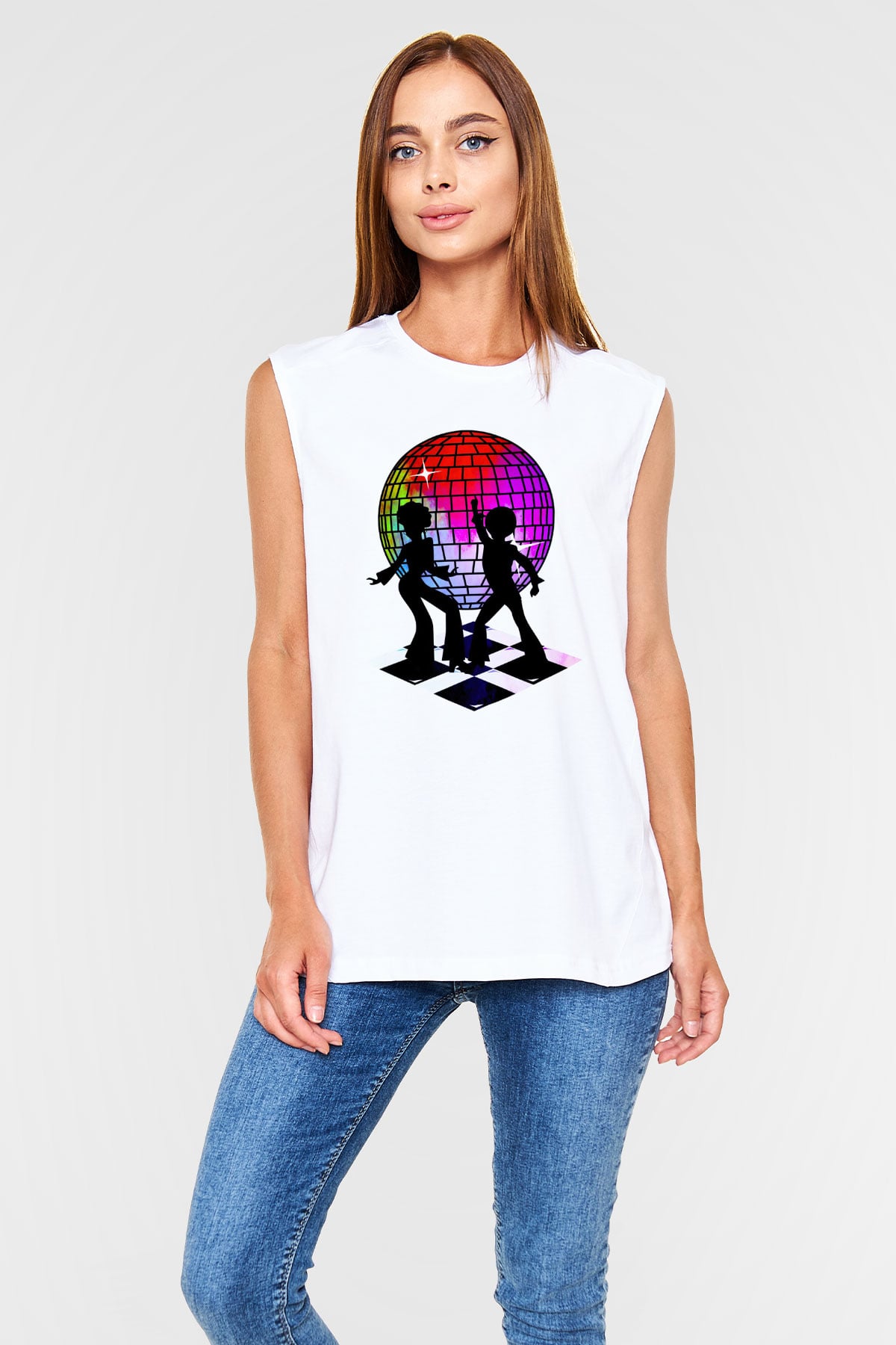 Disko Beyaz Unisex Kolsuz Tişört