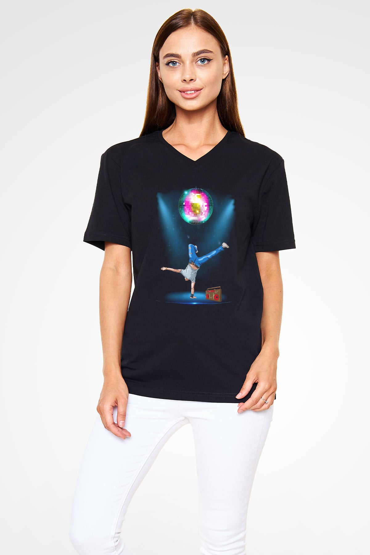 Disko Siyah Unisex V Yaka Tişört