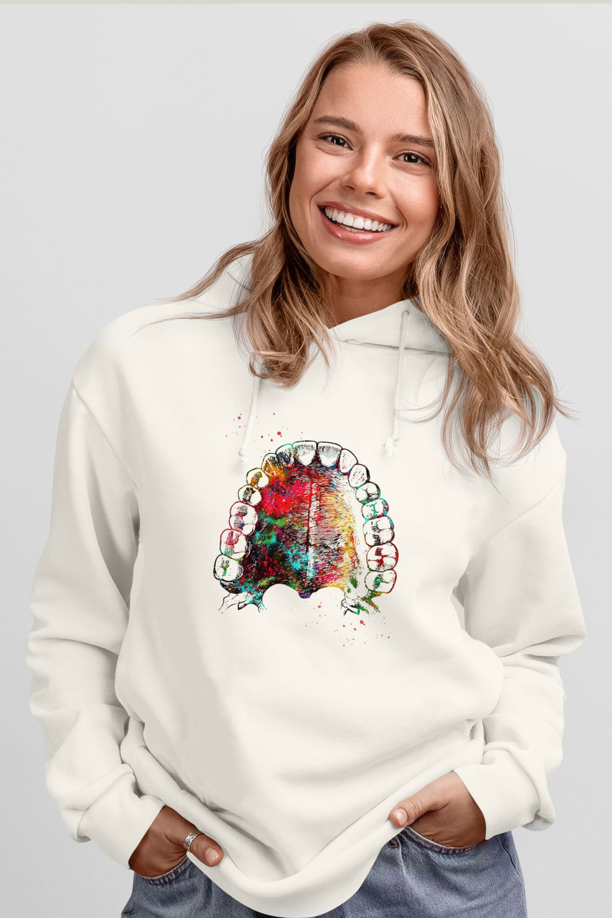 Dişler Renkli Baskılı Unisex Ekru Hoodie