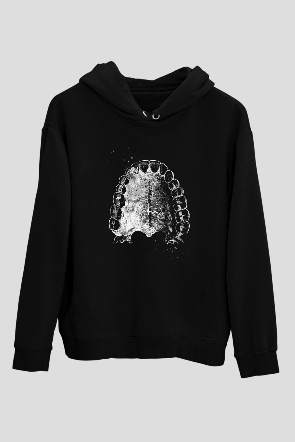 Dişler Renkli Baskılı Unisex Siyah Kapüşonlu Sweatshirt