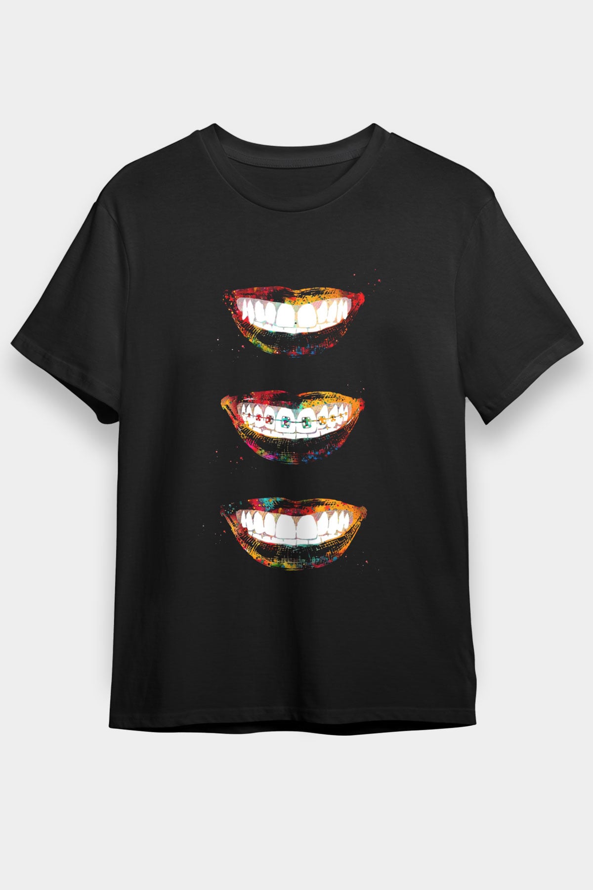 Dişler Renkli Baskılı Unisex Siyah Tişört - Tshirt