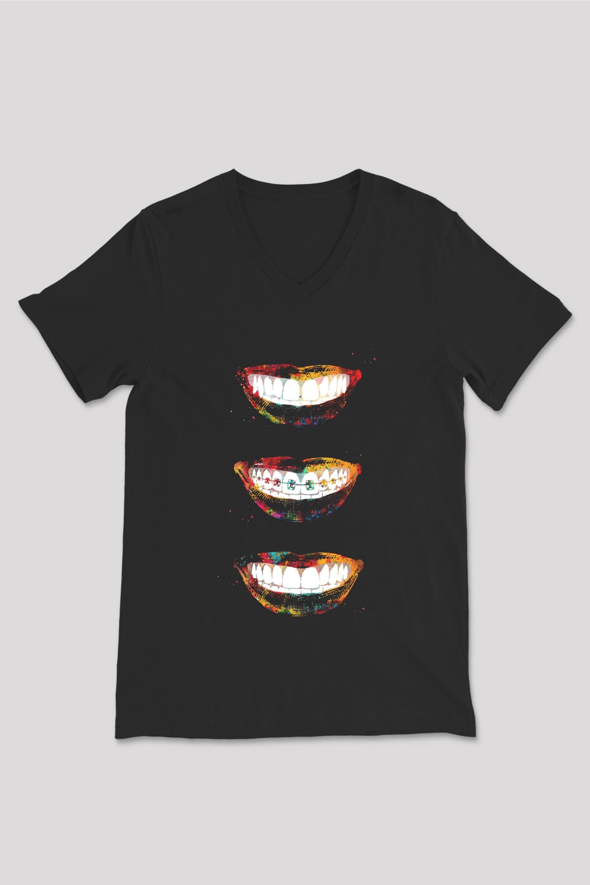Dişler Renkli Baskılı Unisex V Yaka Siyah Tİşört - Tshirt