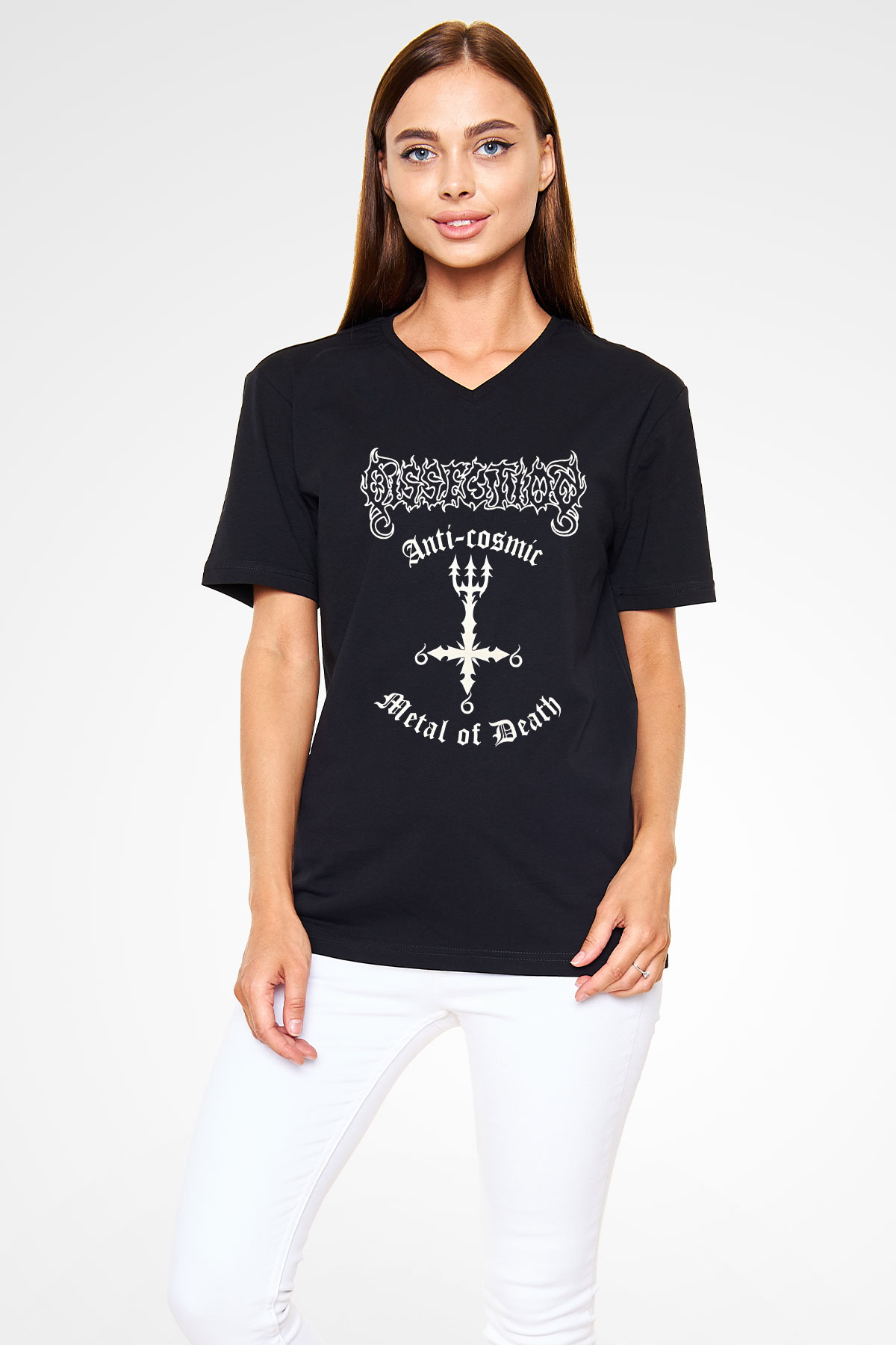 Dissection Baskılı Unisex Siyah V Yaka Tişört - Tshirt