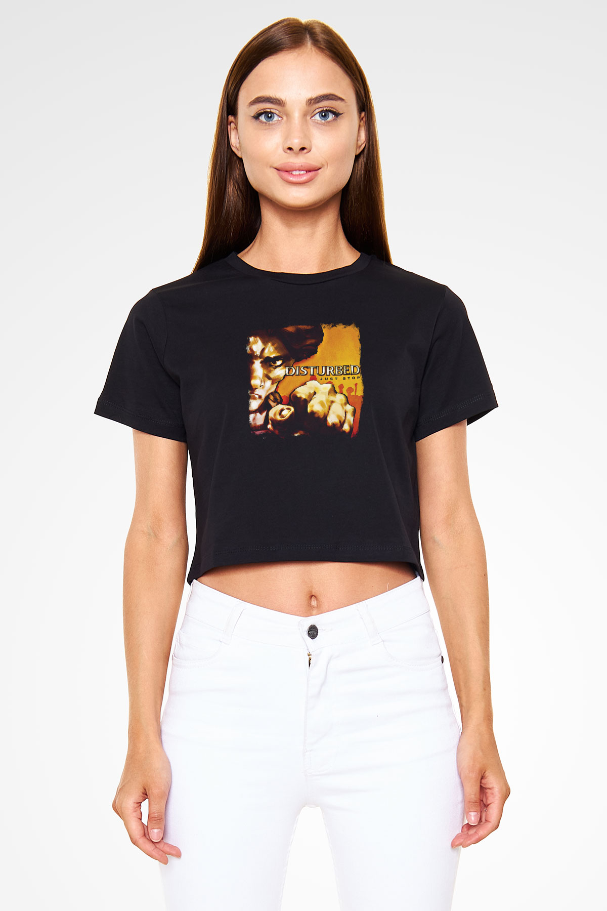 Disturbed Baskılı Unisex Siyah Crop Top Tişört