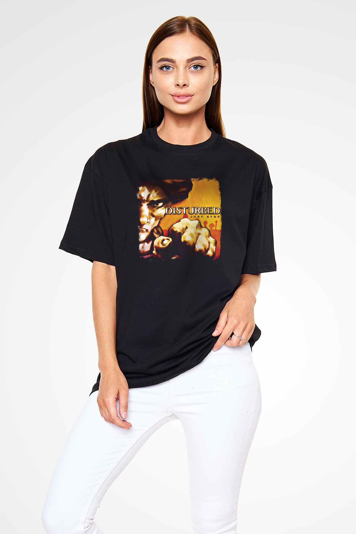 Disturbed Baskılı Unisex Siyah Oversize Tişört