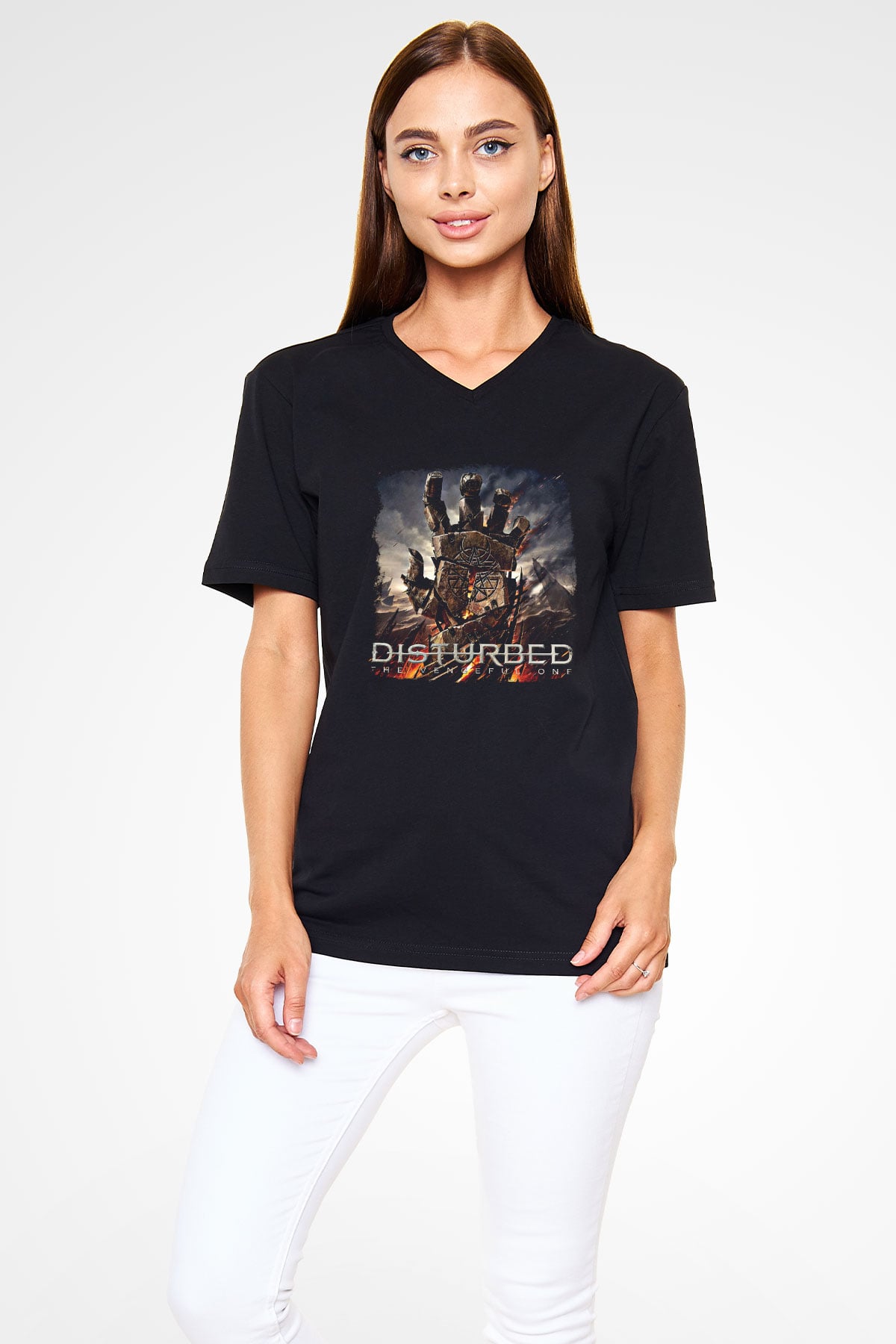 Disturbed Baskılı Unisex Siyah V Yaka Tişört