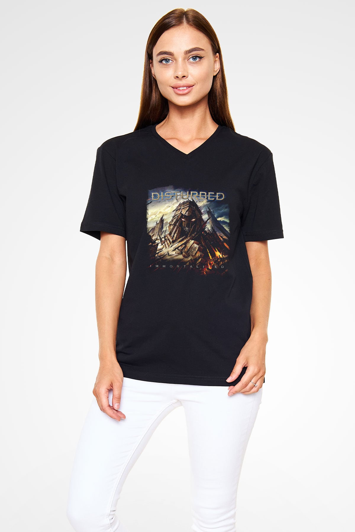 Disturbed Baskılı Unisex Siyah V Yaka Tişört