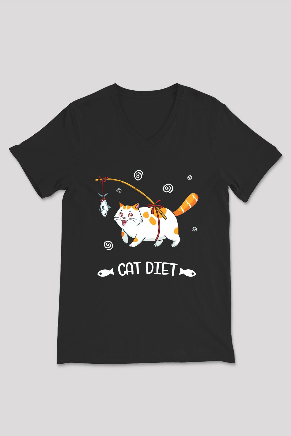 Diyet Yapan Kedi Baskılı Unisex Siyah  V Yaka Tişört