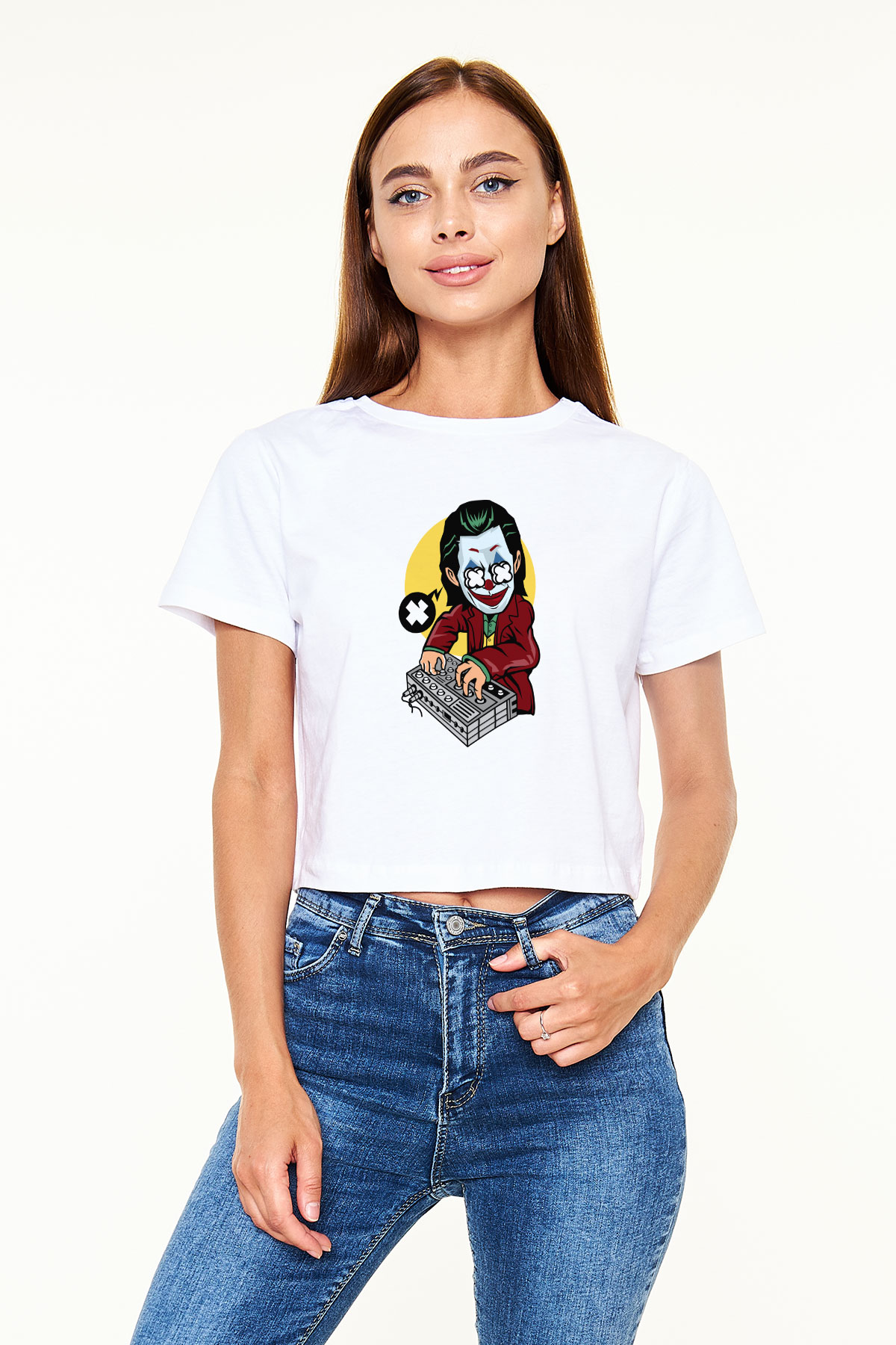 Dj Joker Baskılı Beyaz Kadın Crop Top Tişört