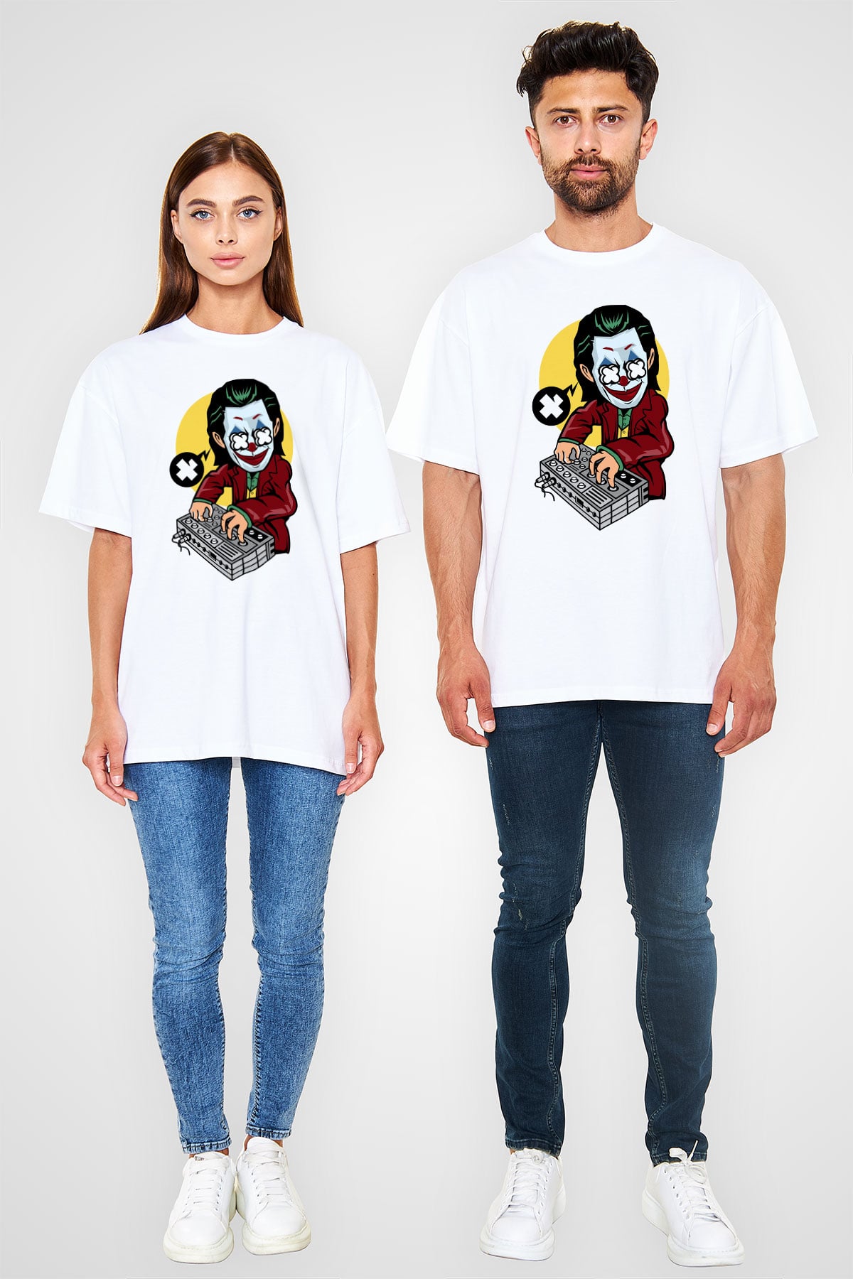 Dj Joker Baskılı Unisex Beyaz Oversize Tişört