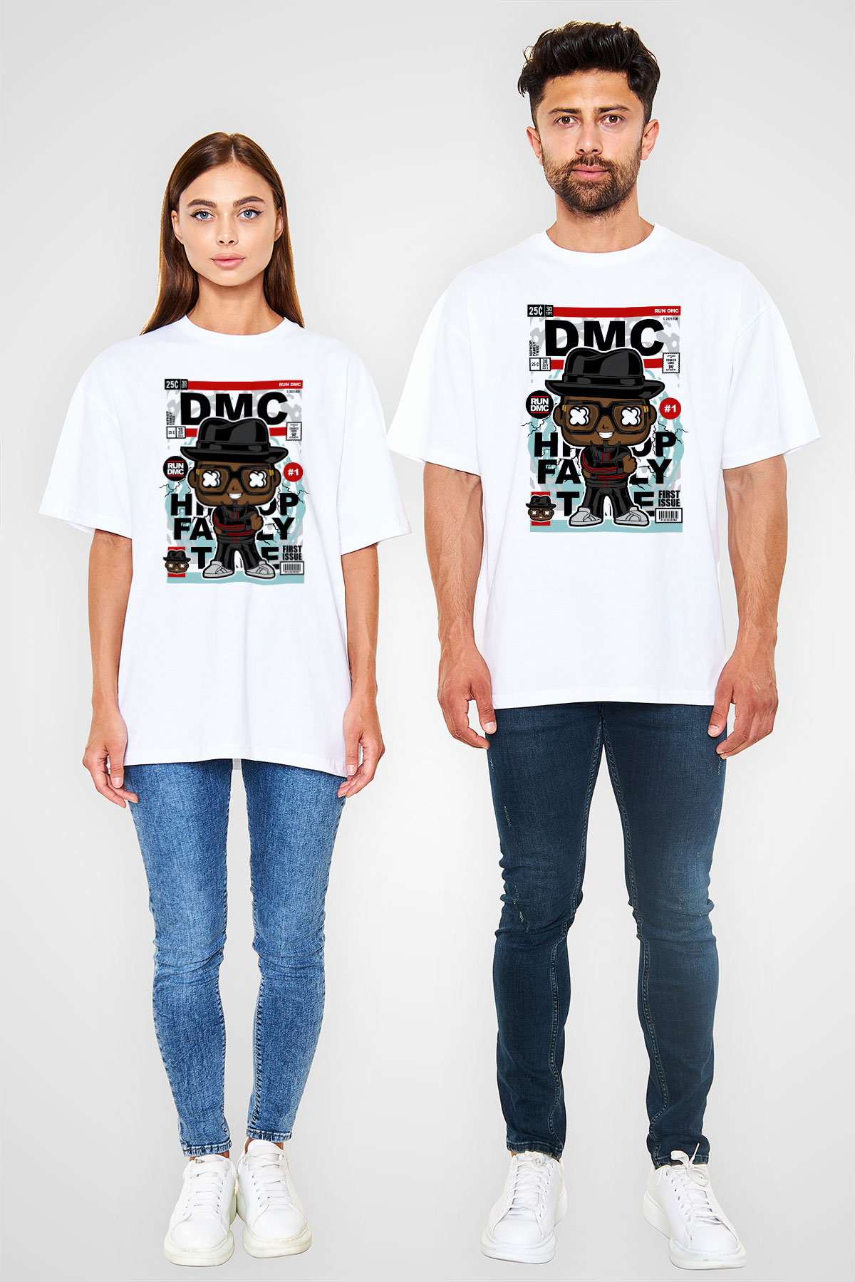 Dj Run - DMC - Baskılı Unisex Beyaz Oversize Tişört