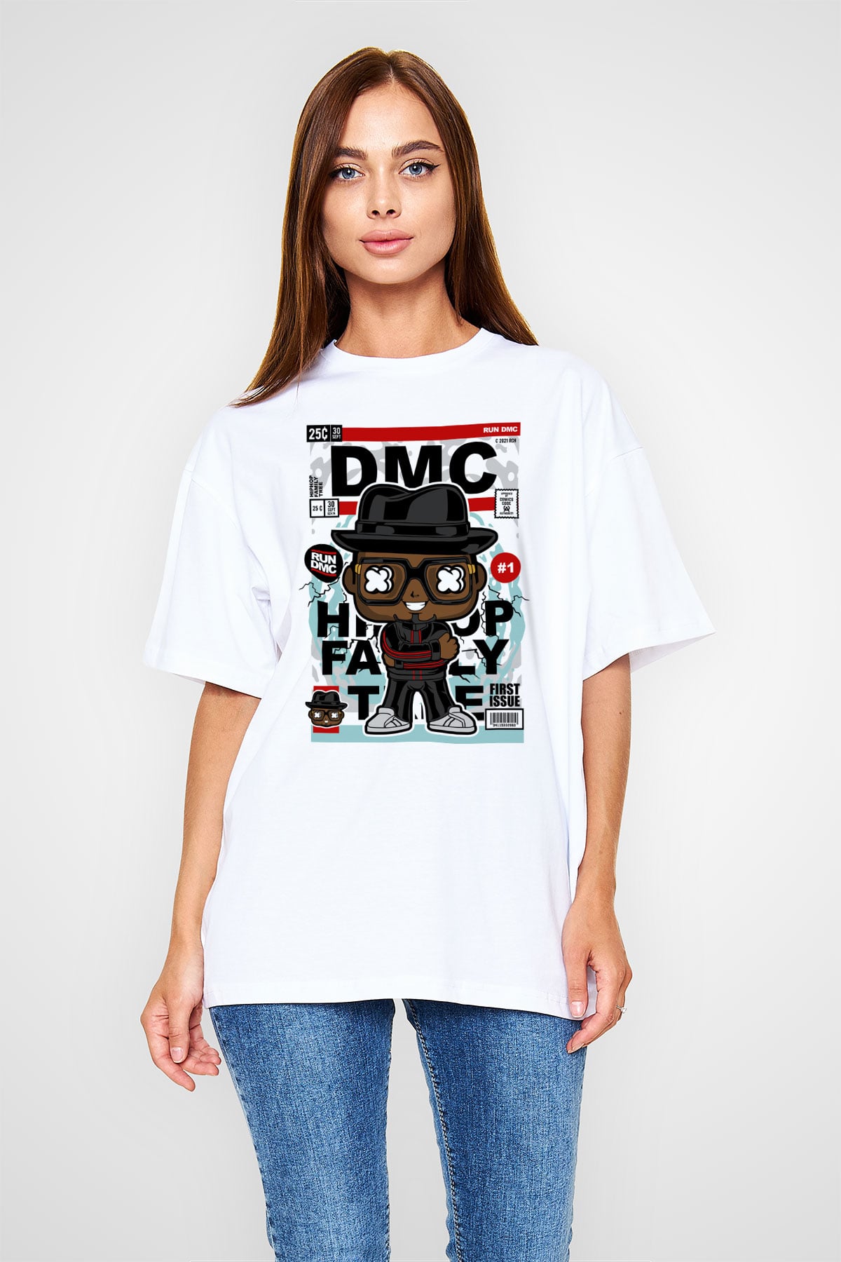 Dj Run - DMC - Baskılı Unisex Beyaz Oversize Tişört