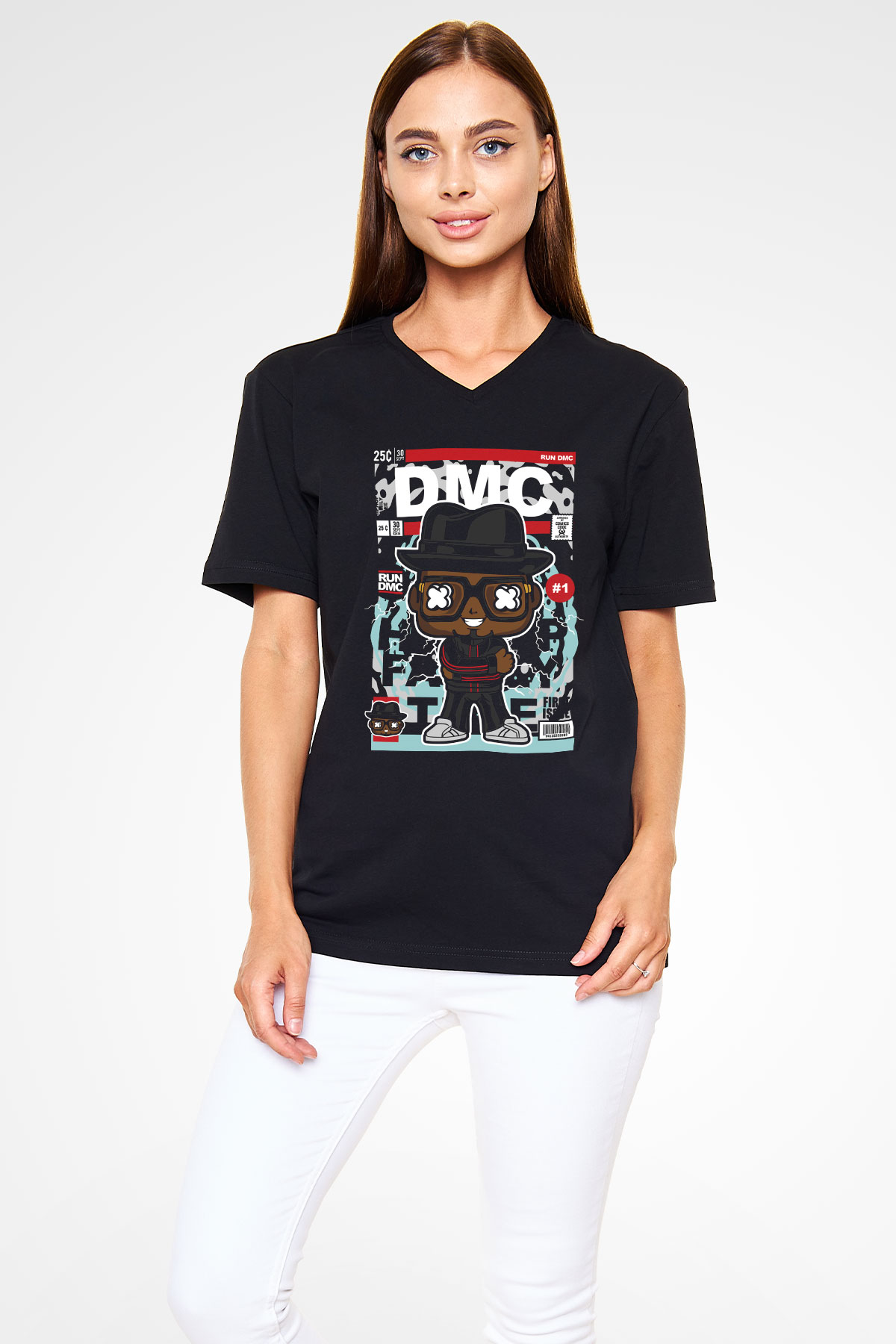 Dj Run DMC Baskılı Unisex Siyah V Yaka Tişört