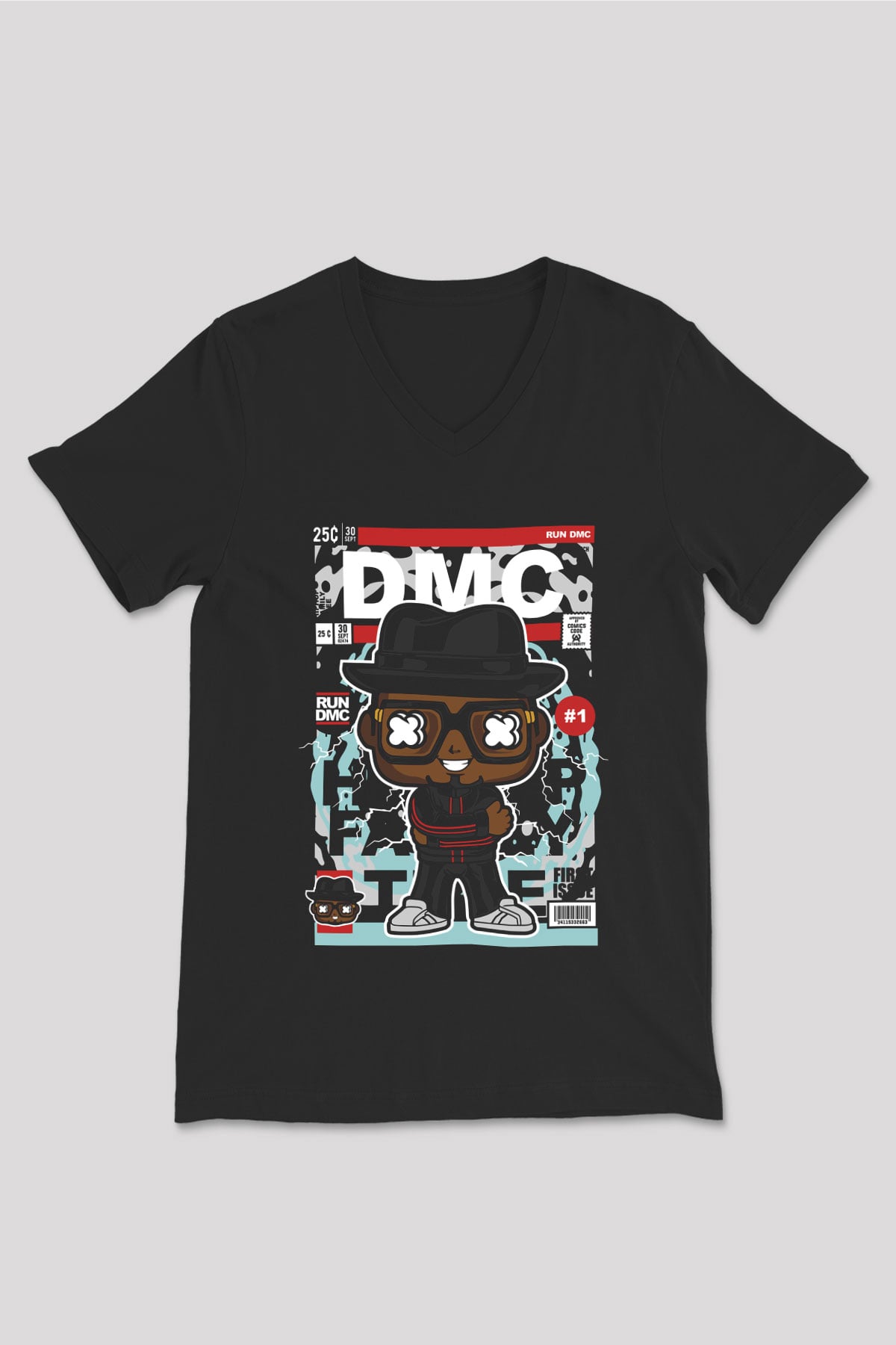 Dj Run DMC Baskılı Unisex Siyah V Yaka Tişört