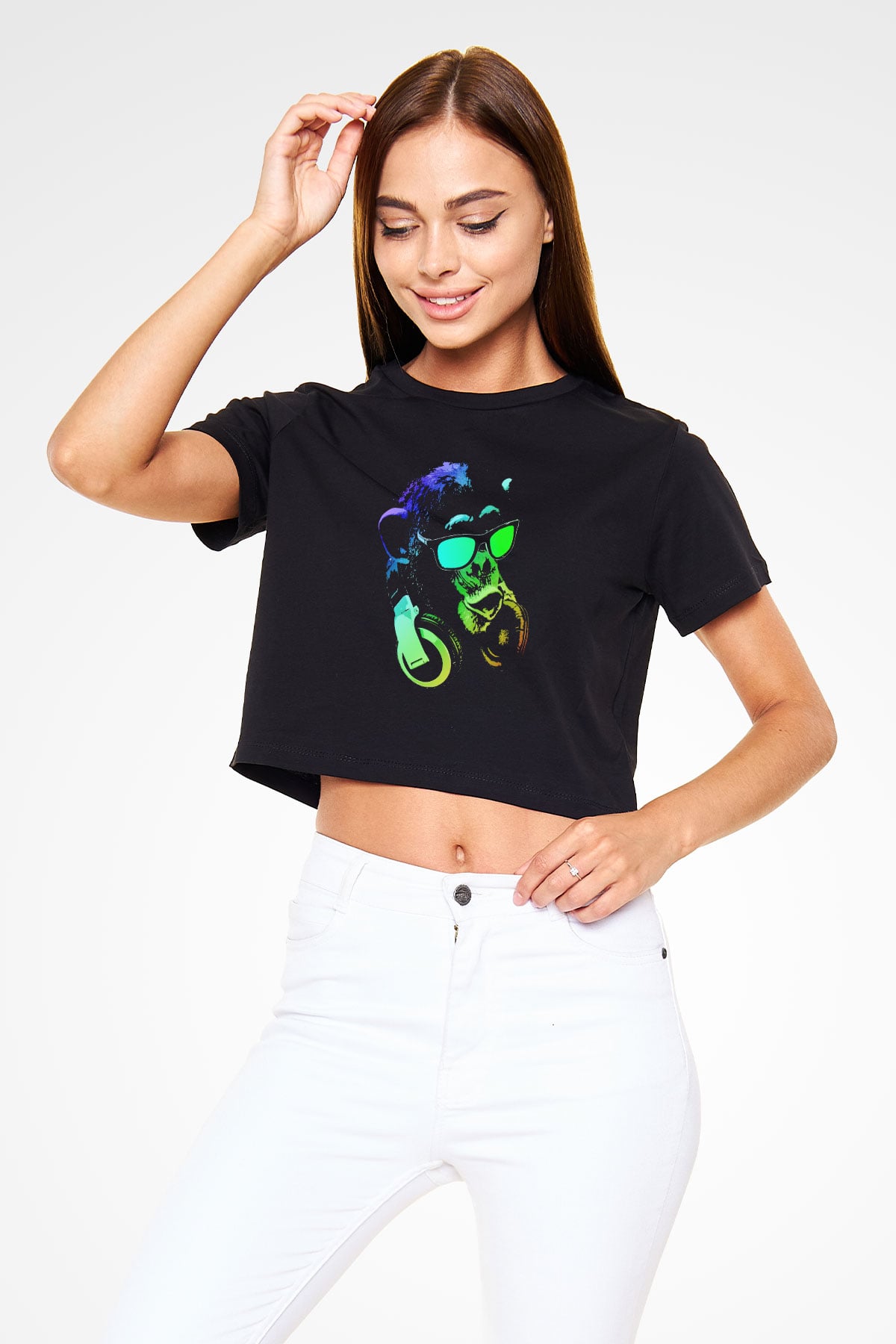 DJ Şempanze Baskılı  Siyah  Crop Top Tişört
