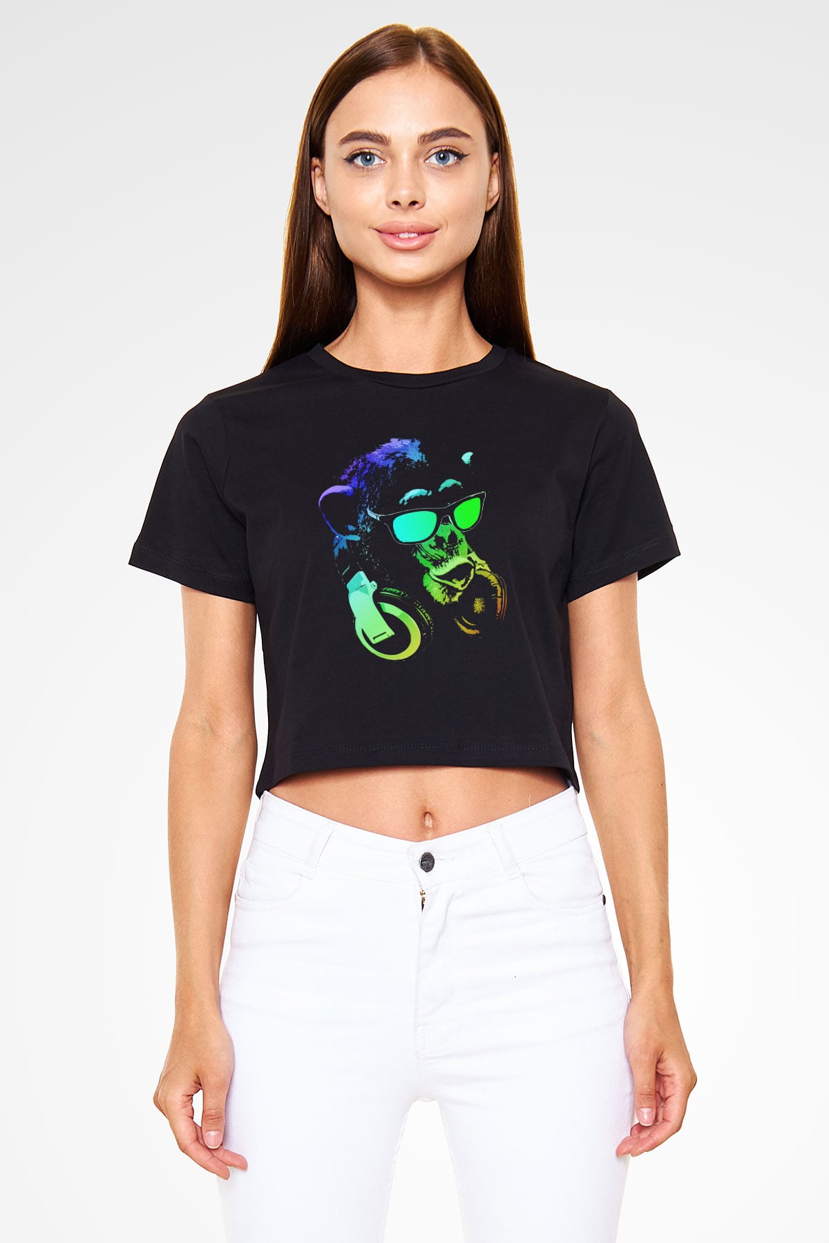 DJ Şempanze Baskılı  Siyah  Crop Top Tişört