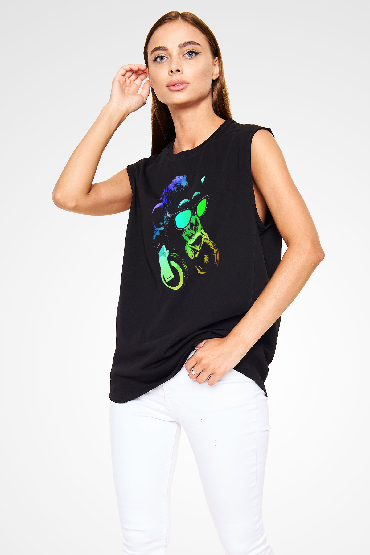 DJ Şempanze Baskılı Unisex Siyah  Kolsuz Tişört