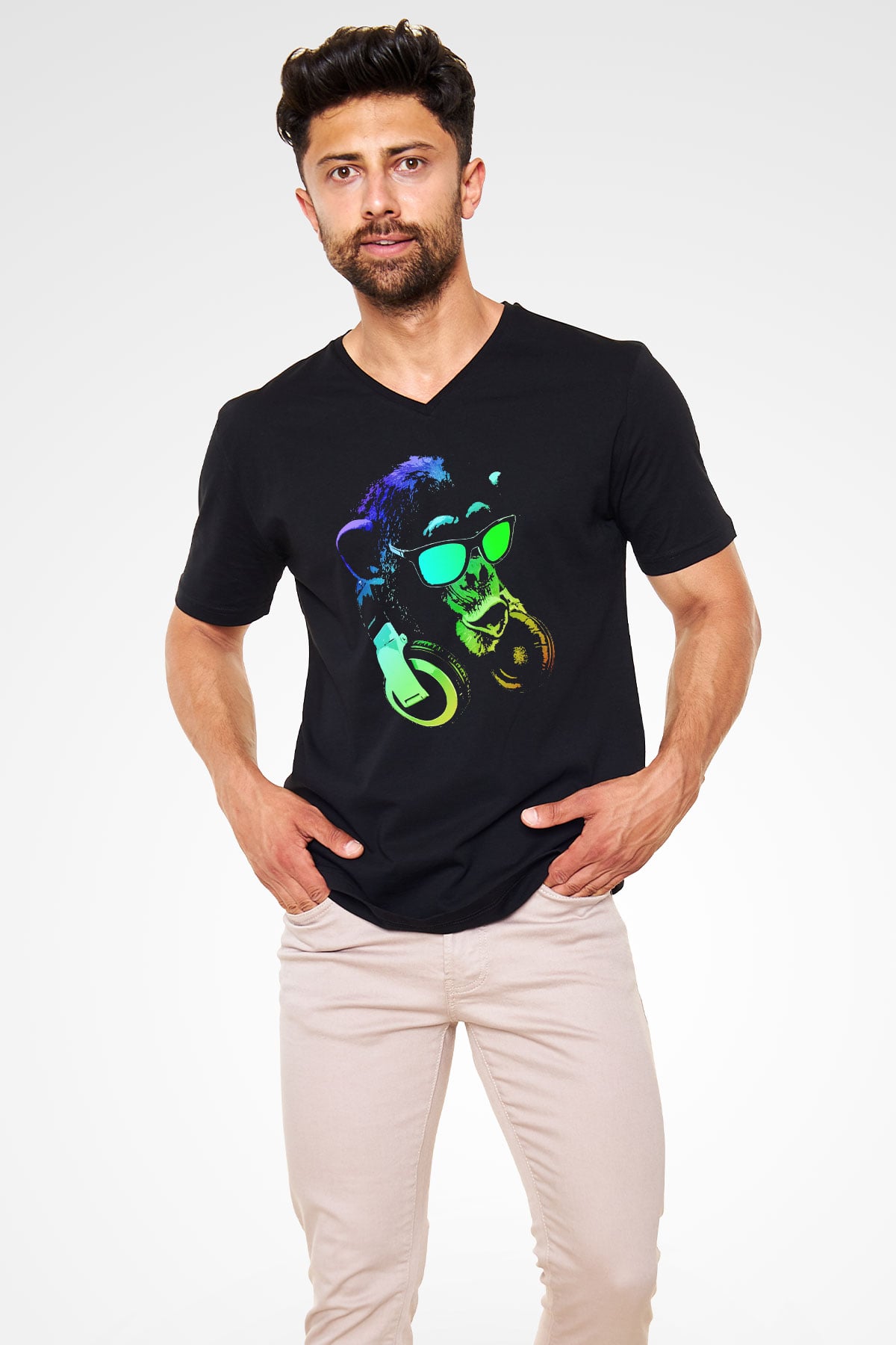 DJ Şempanze Baskılı Unisex Siyah  V Yaka Tişört