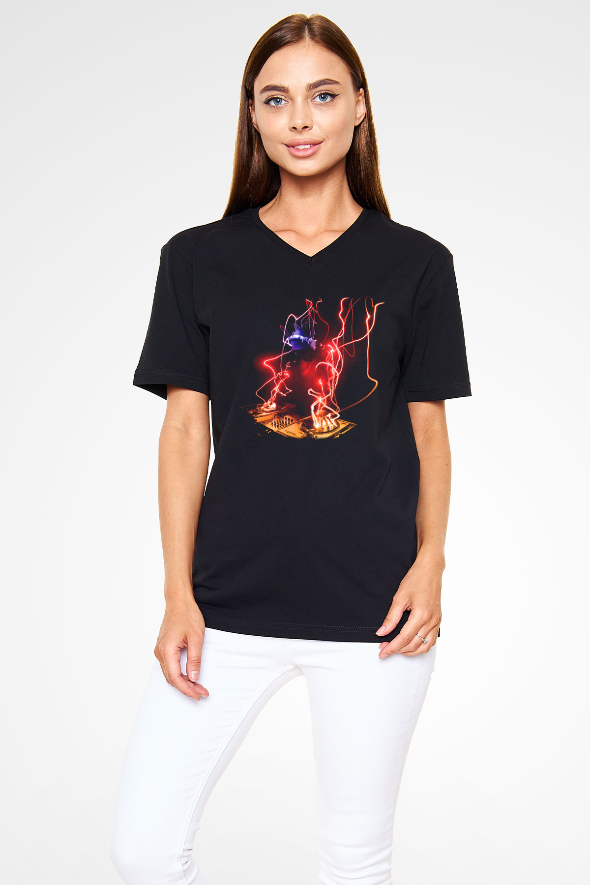 DJ Siyah Unisex V Yaka Tişört T-Shirt