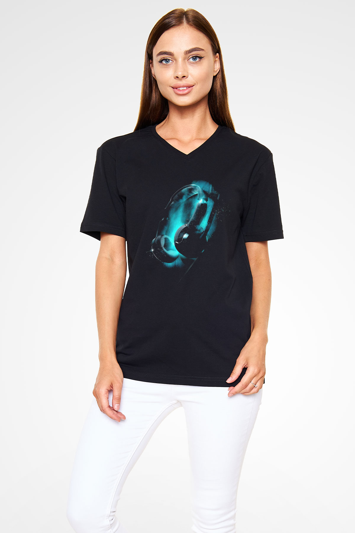 DJ Siyah Unisex V Yaka Tişört T-Shirt