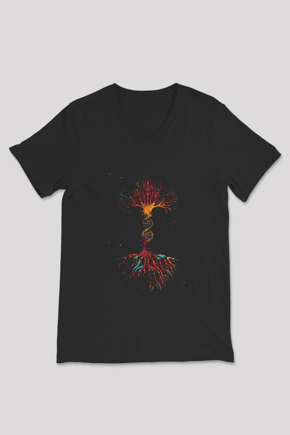 DNA Ağaç Baskılı Unisex V Yaka Siyah Tİşört - Tshirt