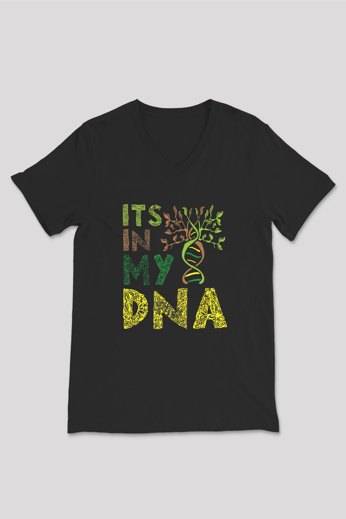 DNA Bahçe Baskılı Unisex V Yaka Siyah Tİşört - Tshirt