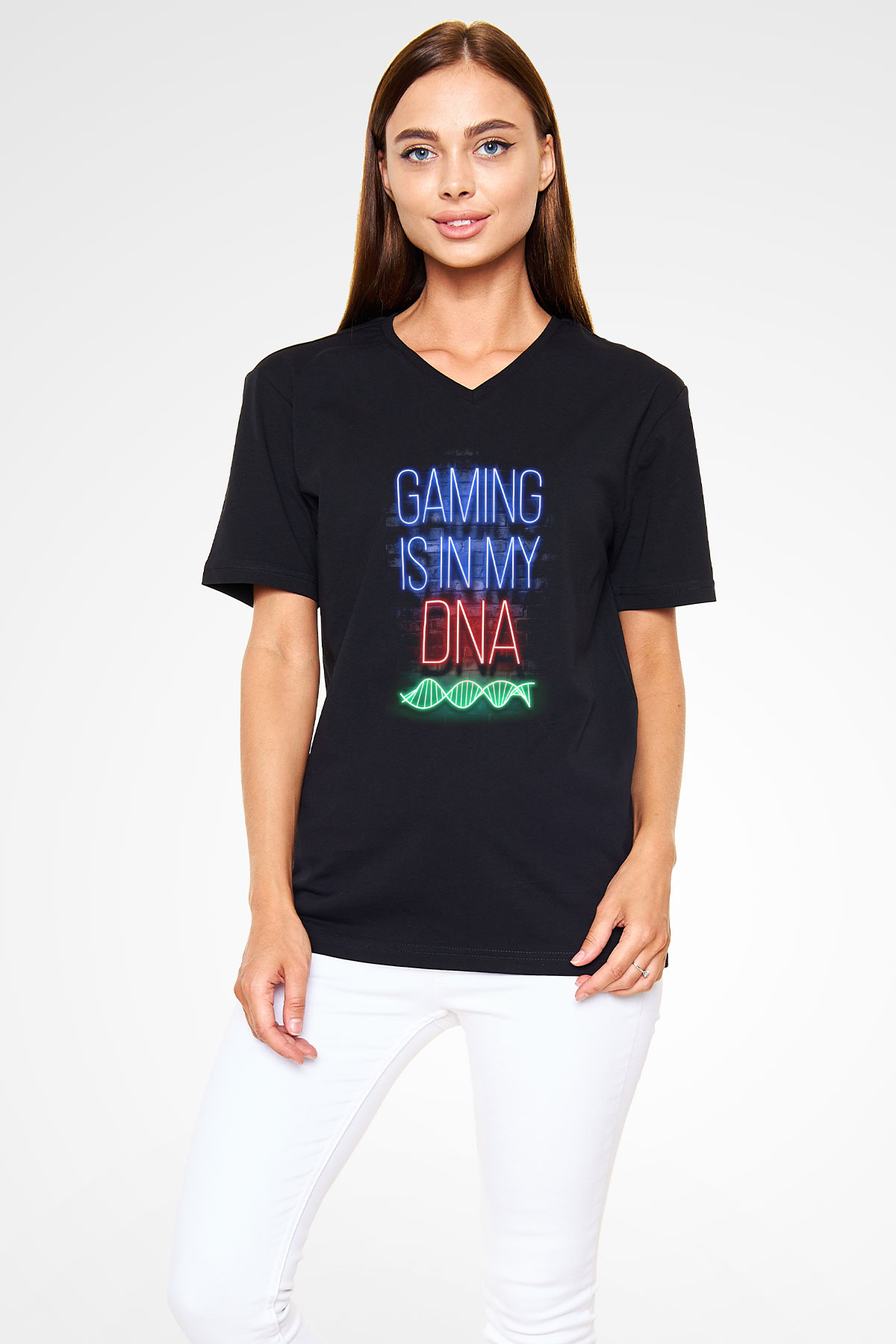 DNA Neon Baskılı Unisex V Yaka Siyah Tİşört - Tshirt