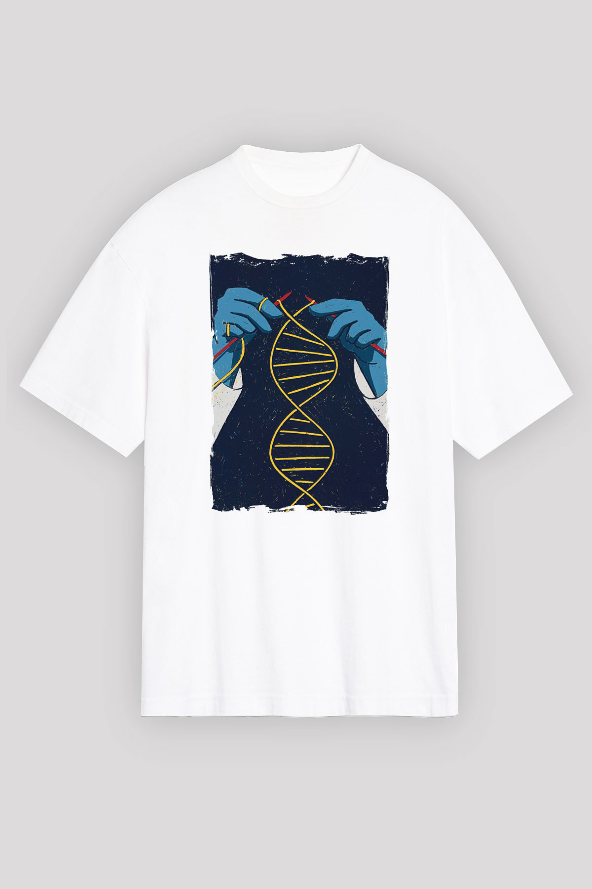 Dna Sarmalı Örgü Baskılı Unisex Beyaz Oversize Tişört