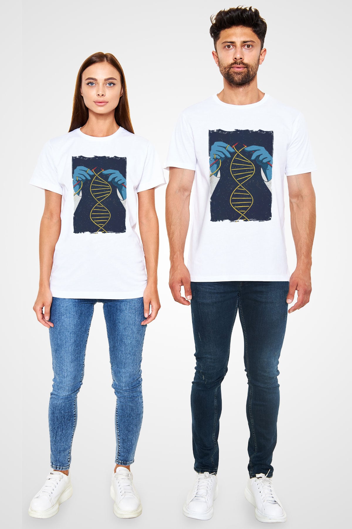 Dna Sarmalı Örgü Baskılı Unisex Beyaz Tişört