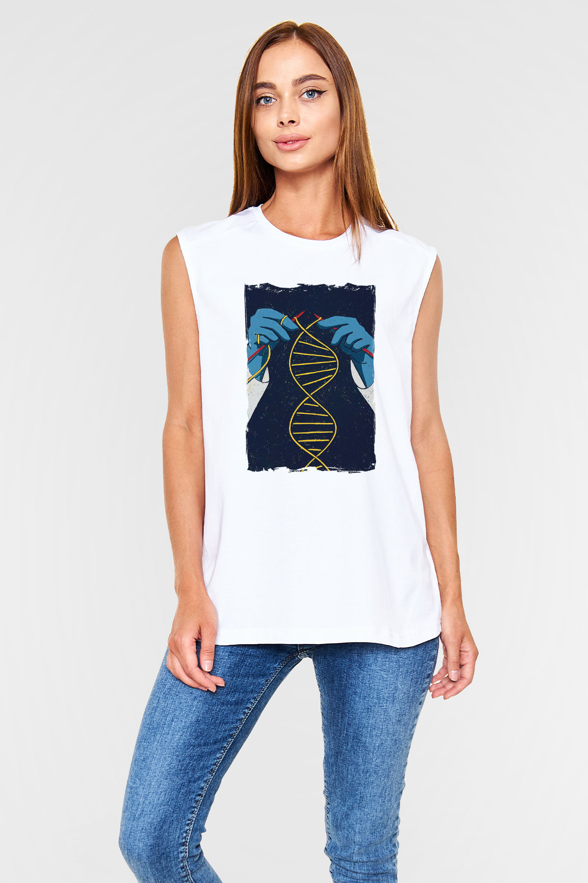 Dna Sarmalı Örgü Baskılı Unisex Beyaz Kolsuz Tişört