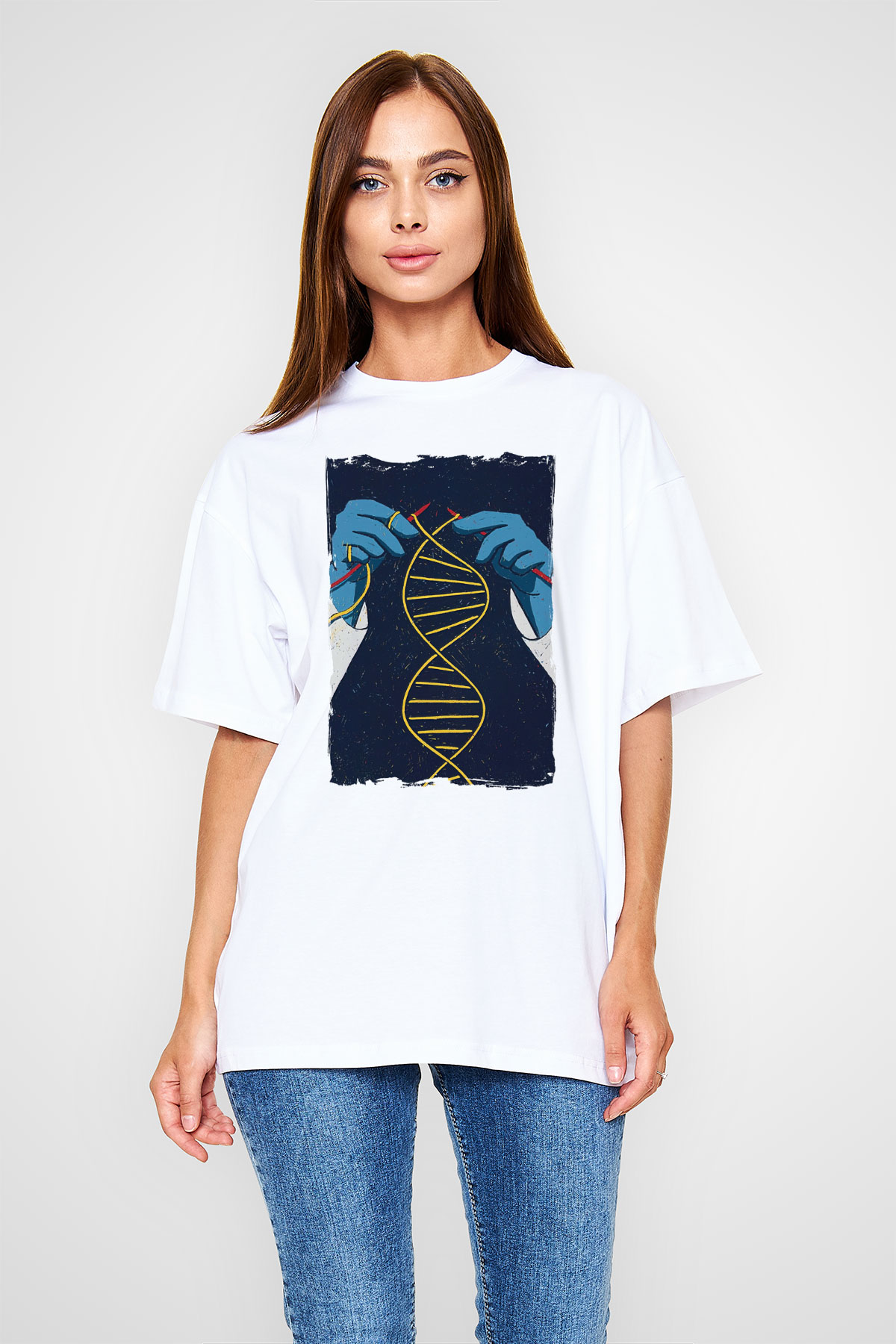 Dna Sarmalı Örgü Baskılı Unisex Beyaz Oversize Tişört