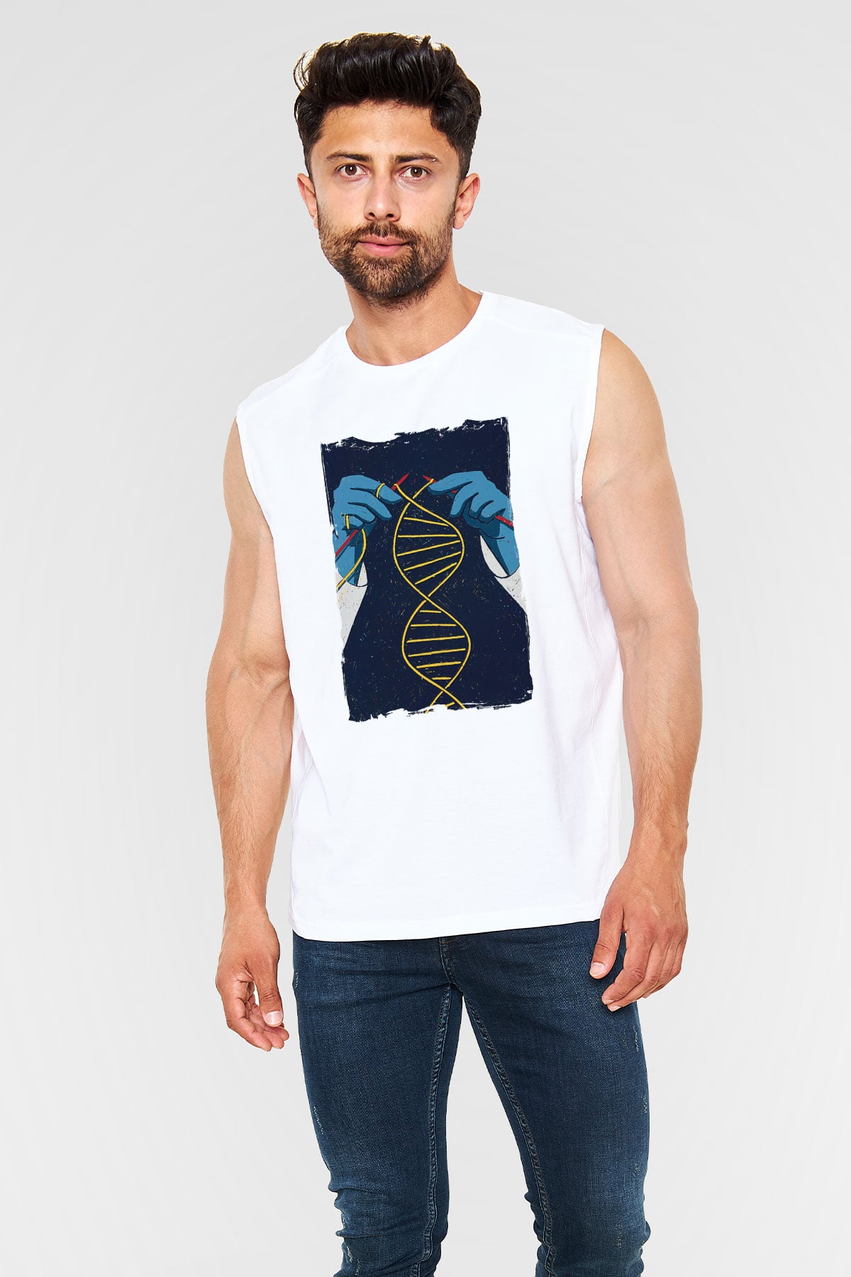 Dna Sarmalı Örgü Baskılı Unisex Beyaz Kolsuz Tişört