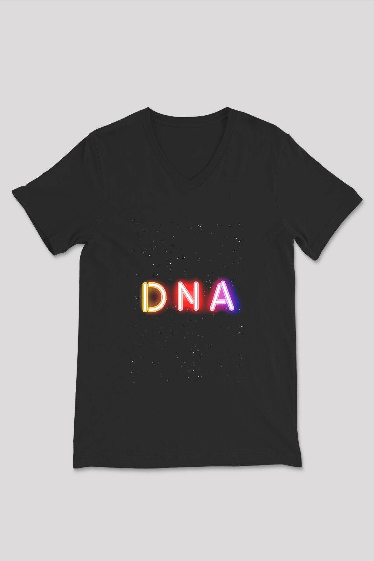 DNA Yazı Neon Baskılı Unisex V Yaka Siyah Tİşört - Tshirt