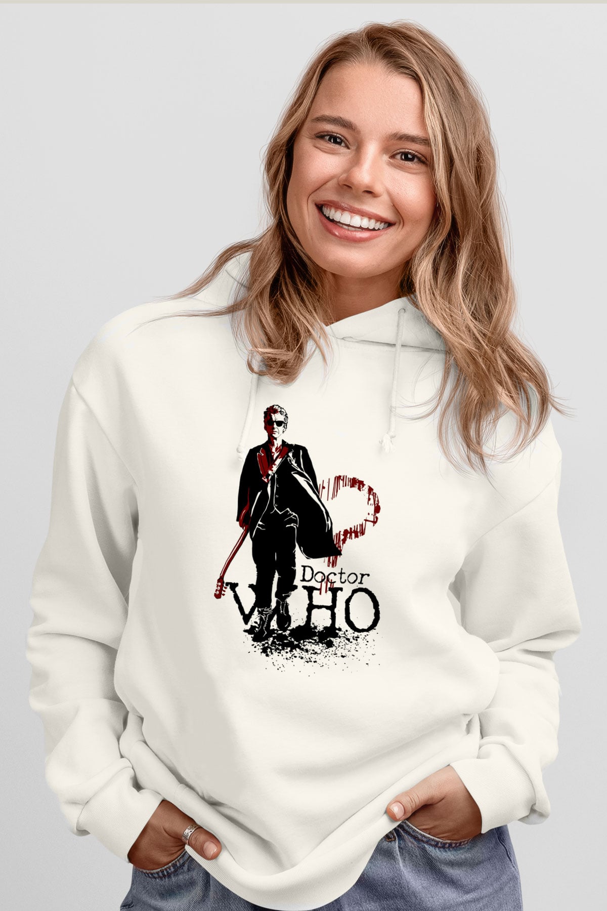 Doctor Who Beyaz Unisex Kapşonlu Sweatshirt