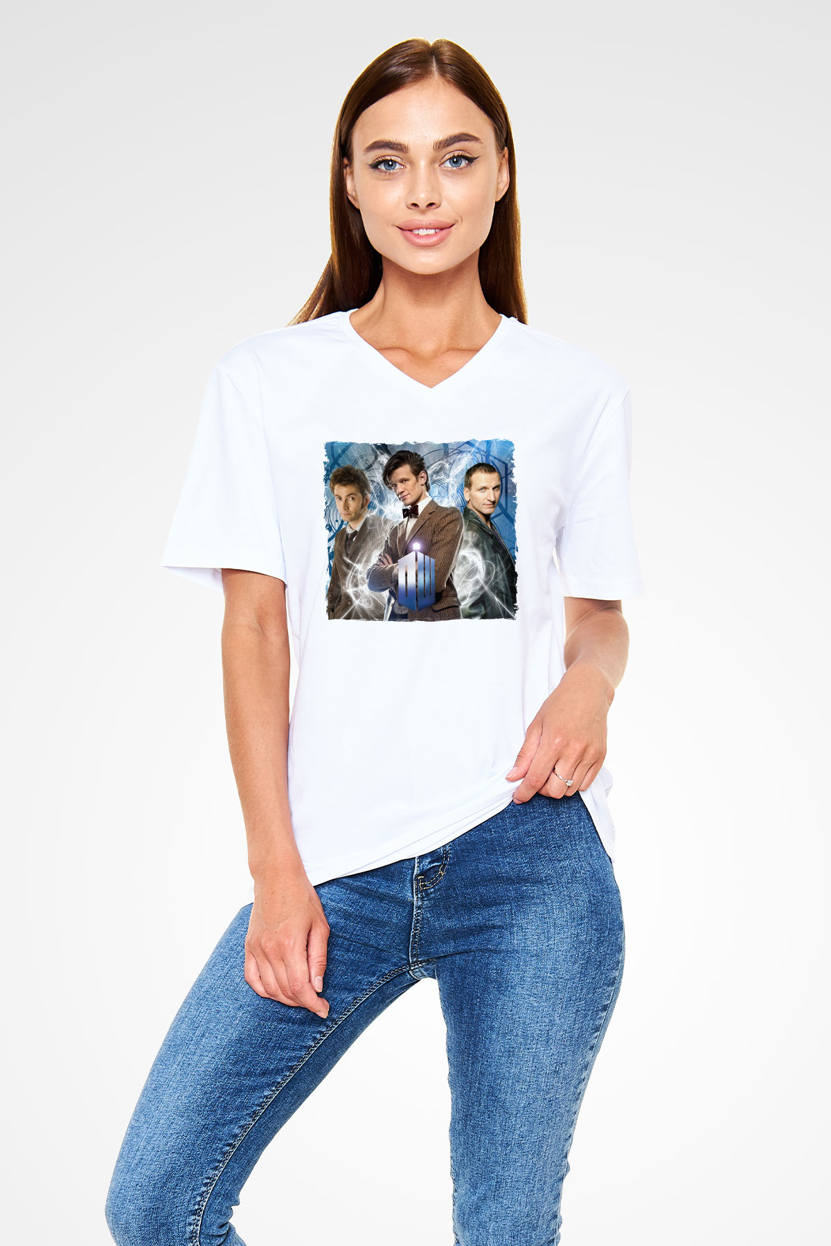 Doctor Who Beyaz Unisex V Yaka Tişört