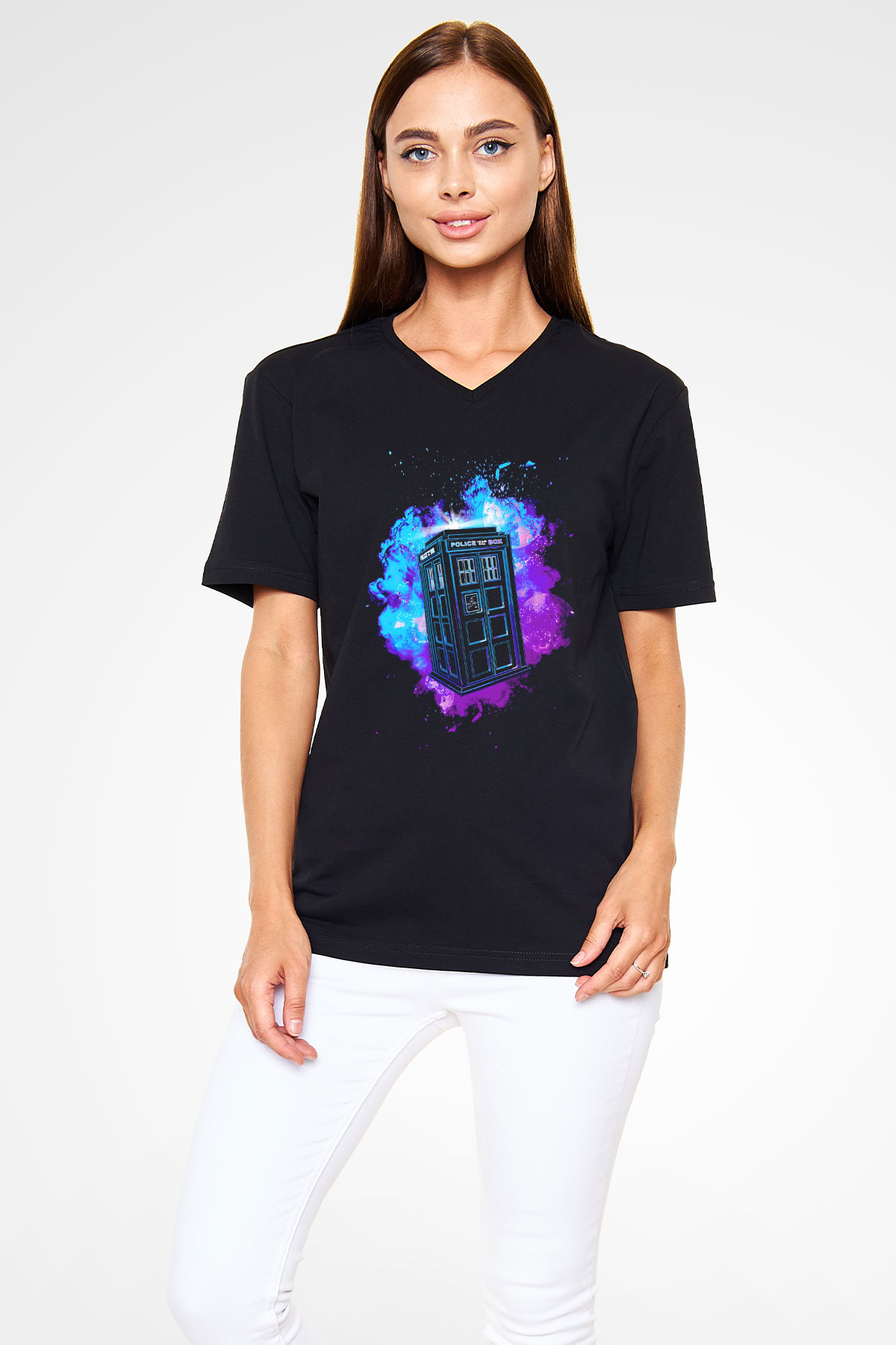 Doctor Who Siyah Unisex V Yaka Tişört