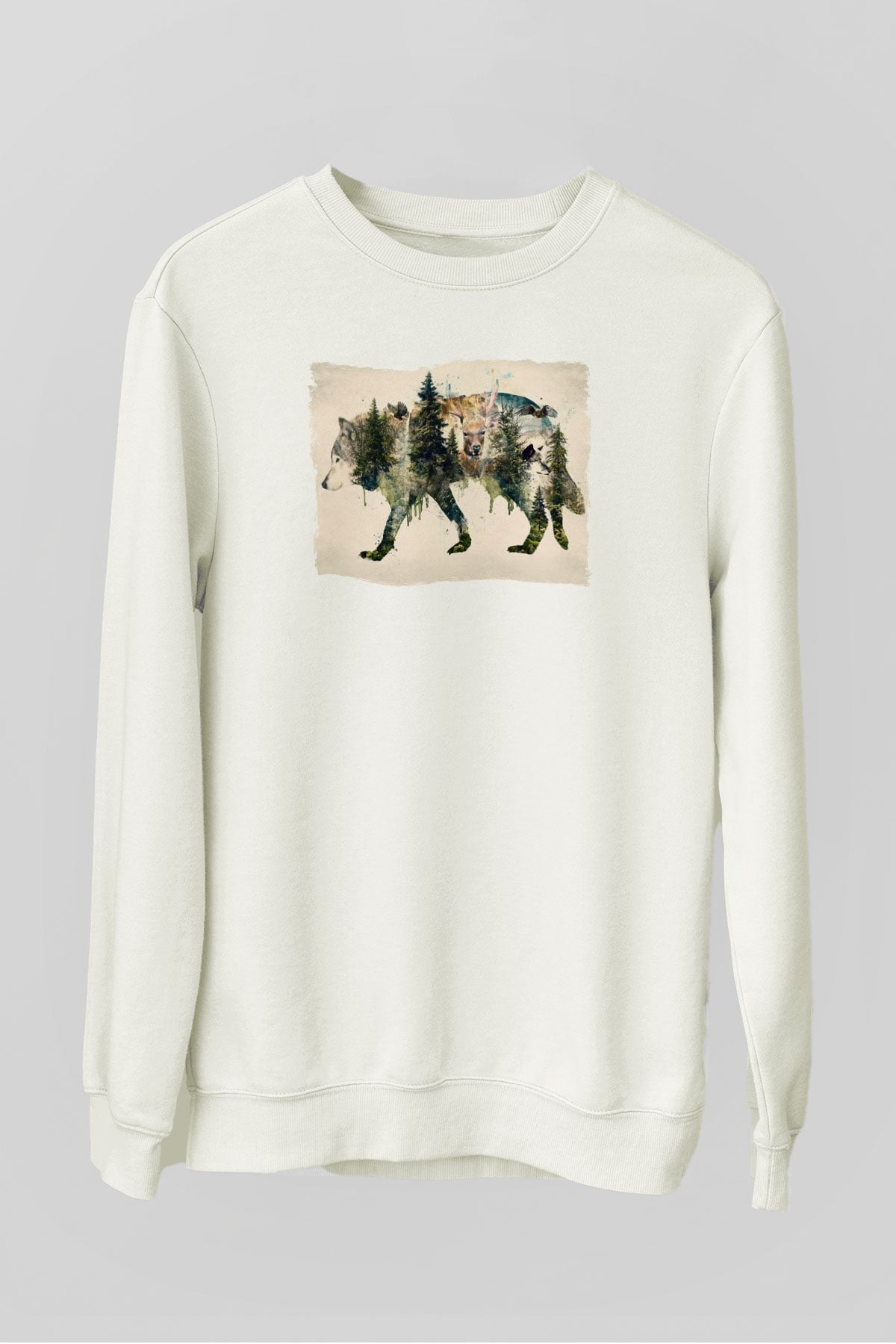 Doğa ile İç İçe Kurt Baskılı Unisex Beyaz  Sweatshirt