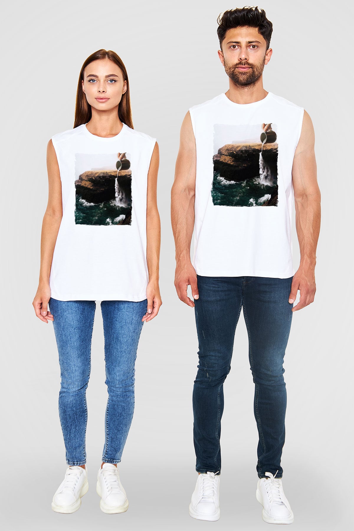 Doğa Manipülasyon Baskılı Unisex Beyaz  Kolsuz Tişört