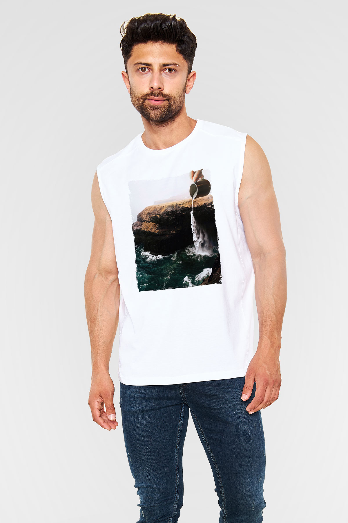 Doğa Manipülasyon Baskılı Unisex Beyaz  Kolsuz Tişört