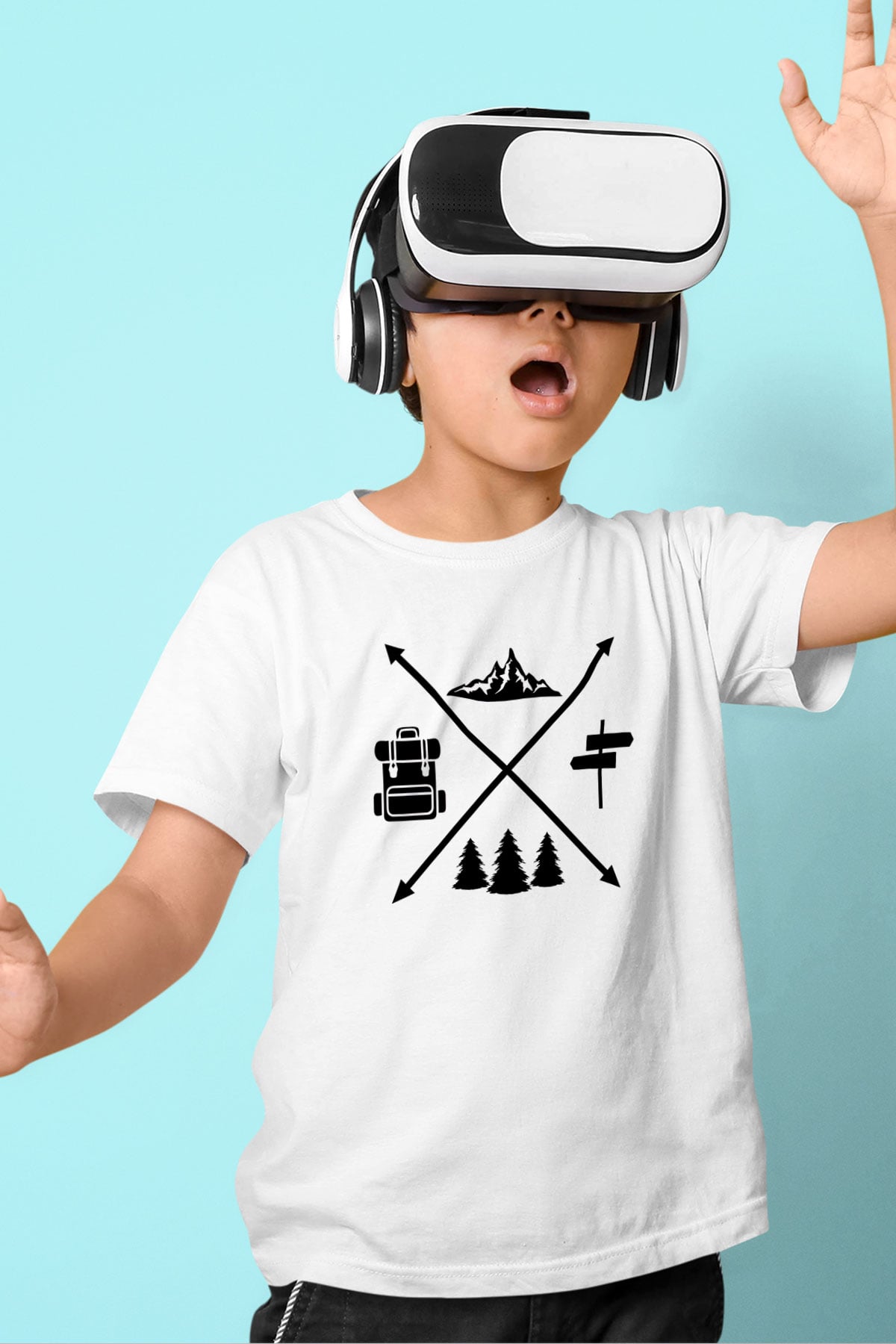 Doğa Yürüyüşü Baskılı Unisex Beyaz Çocuk Tişört - Tshirt